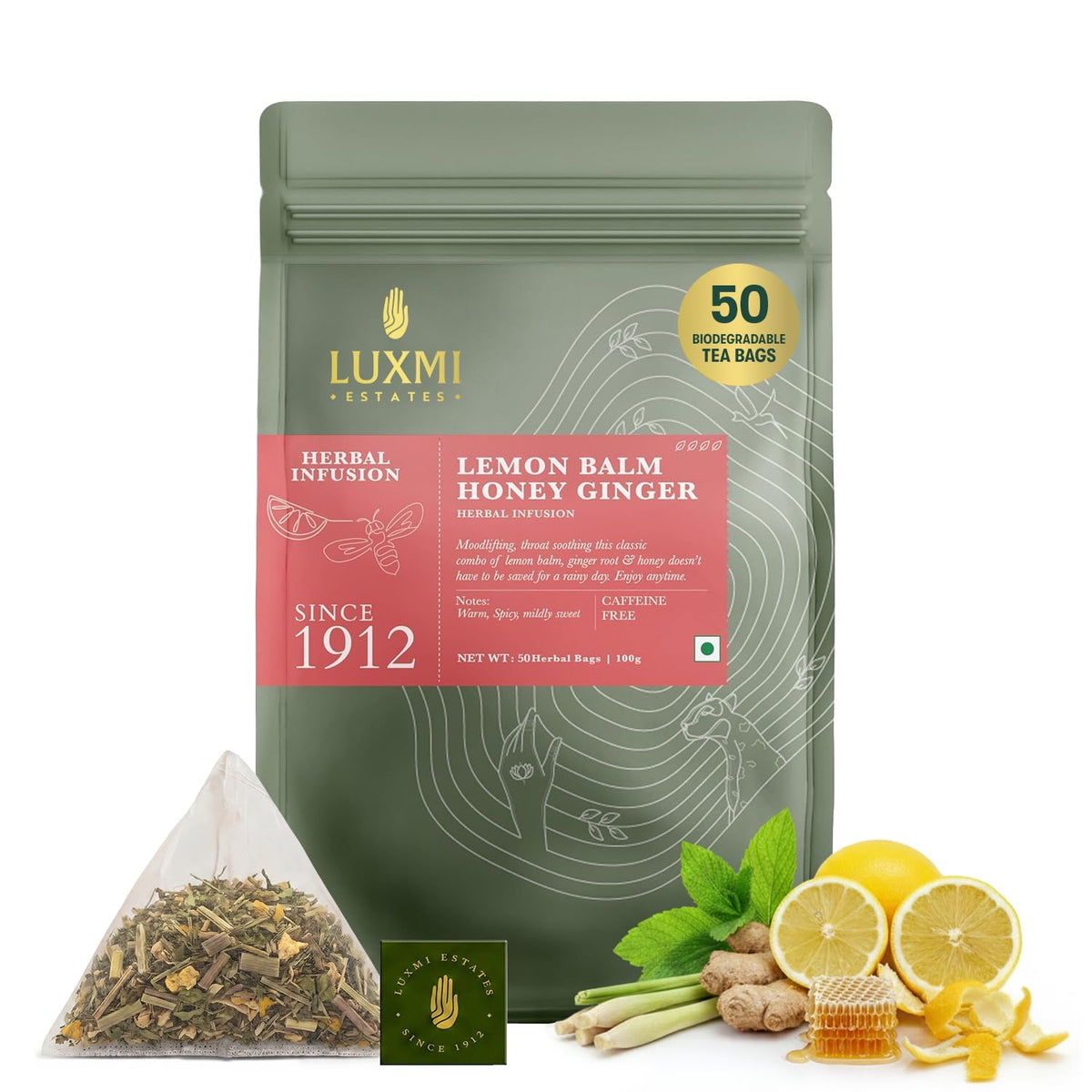 Luxmi Estates Lemon Balm Honey Ginger Herbal Tea | 50 Pyramid Tea Bags (100g, 3.5oz), Caffeine-Free Calming Blend with Lemon Balm, Ginger, Lemongrass, Lemon Peel, &amp; Natural Honey Flavor, Vegan