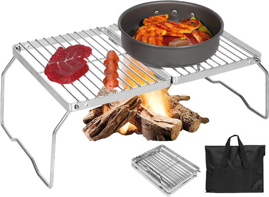 REDCAMP Folding Campfire Grill 304 Stainless Steel Grate, Adjustable Height Portable Camping Grill with Carrying Bag for