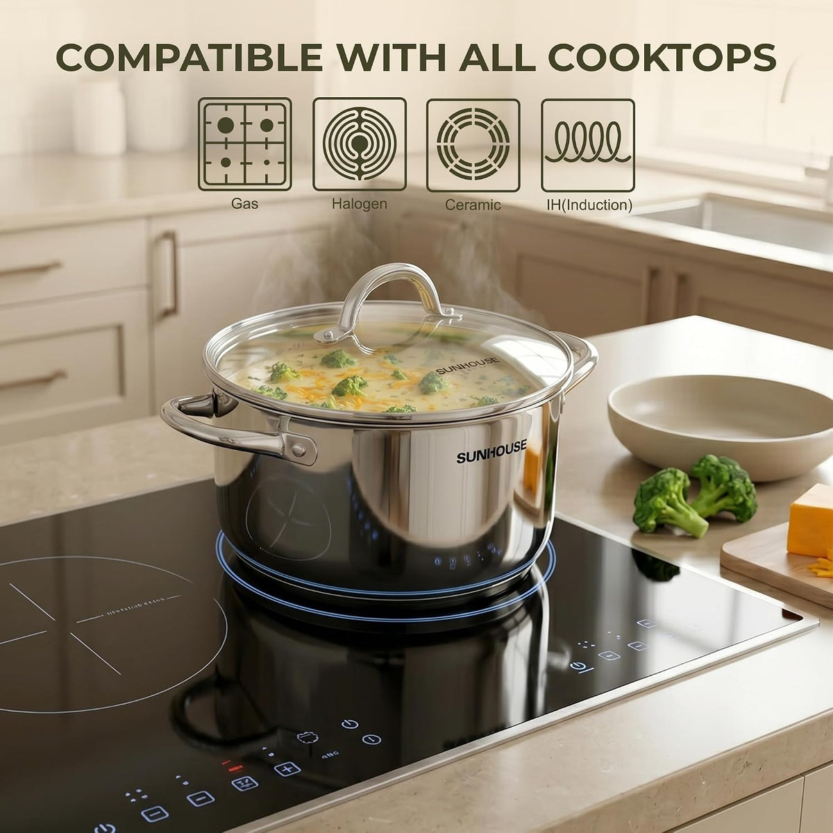 Sunhouse Stainless Steel Stock Pot - 11 Quart Heavy-Duty Induction Cooking Pot with Visible Lid for Pasta, Soup, Spaghetti - Nonstick Thick-Bottom Deep Stockpot for Canning, Boiling, and Simmering