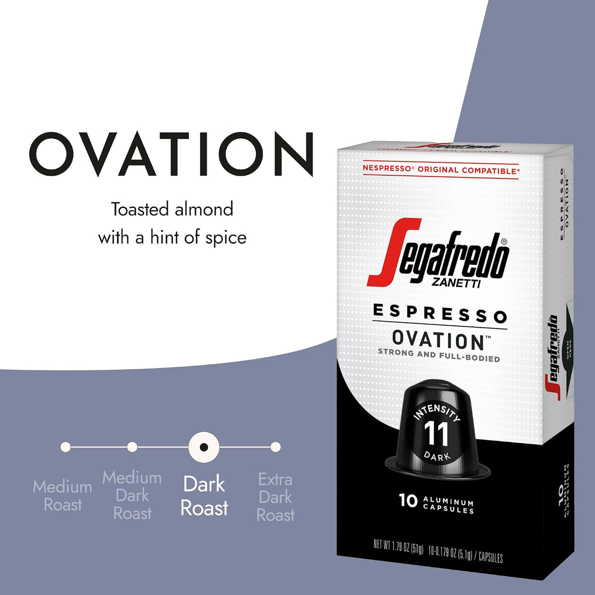 Segafredo Zanetti Espresso Capsules - Ovation, 4 Packs of 10 Pods | Dark Roast, Aluminum Pods for Nespresso Original Machines, Premium Espresso with a Full-Bodied Aroma, Strong, Intensity 11