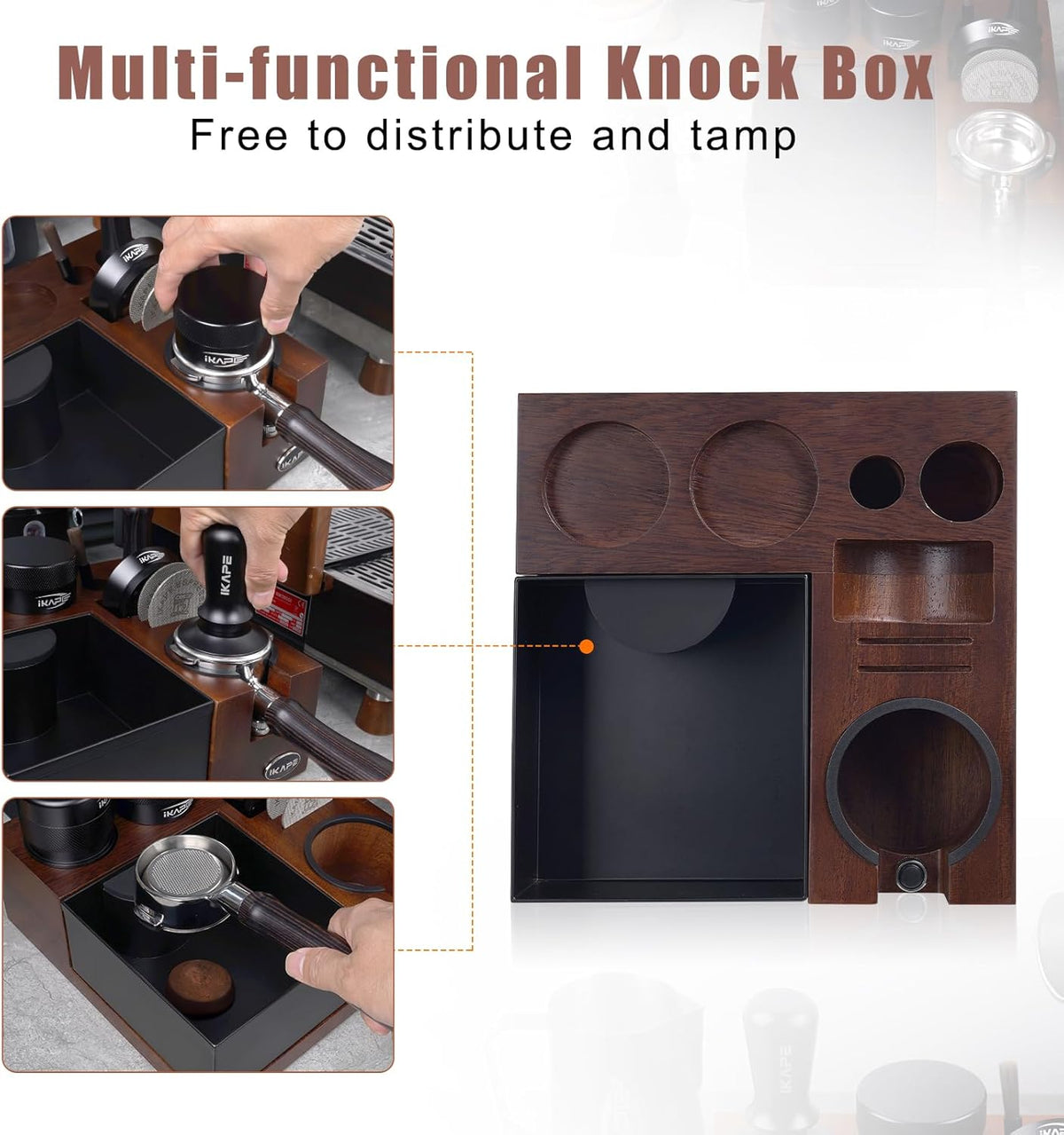 IKAPE V5 Espresso Knock Box, Espresso Coffee Organizer Box Fit for Storage 51, 54, 58MM Espresso Tamper, Distributor, Portafilter &amp; Puck Screen Accessories, Natural Walnut Station Base(9 IN One)