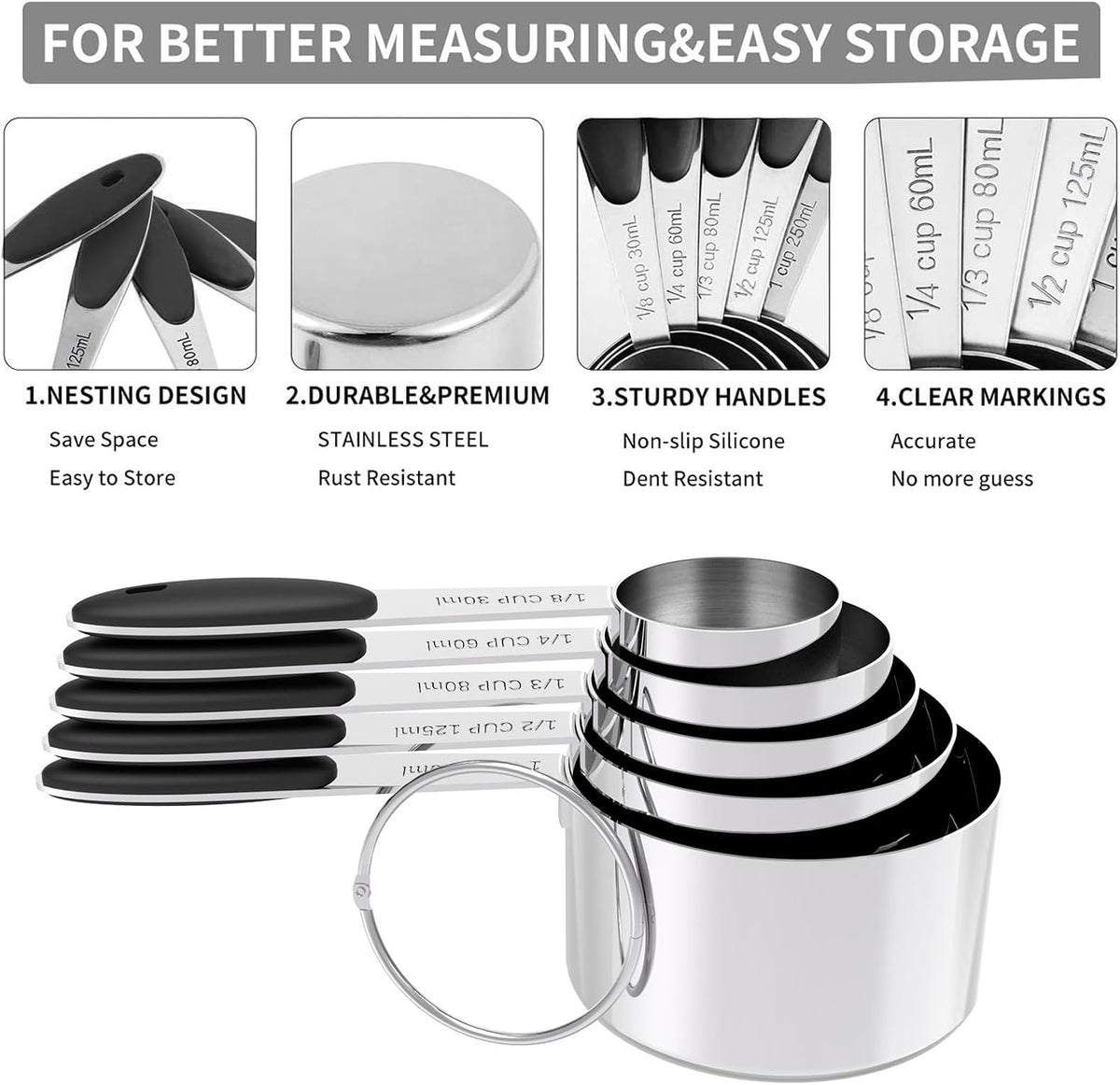 Stainless Steel Measuring Cups and Spoons Set with Silicone Handle – Nesting Design for Space-Saving, Heavy Duty &amp; Dishwasher Safe for Dry/Liquid Ingredients, Cooking &amp; Baking (10)