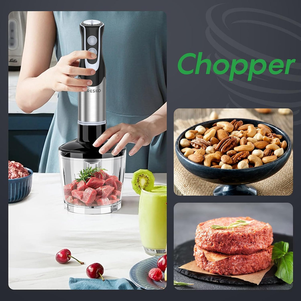 Immersion Blender Handheld, 4-In-1 Hand Blender with 12-Speeds &amp; Turbo Mode | 500W Emulsion Blender, Egg Whisk, 24oz Beaker &amp; Chopper Bowl, Stick Mixer for Baby Food, Smoothies, Soups &amp; Sauces