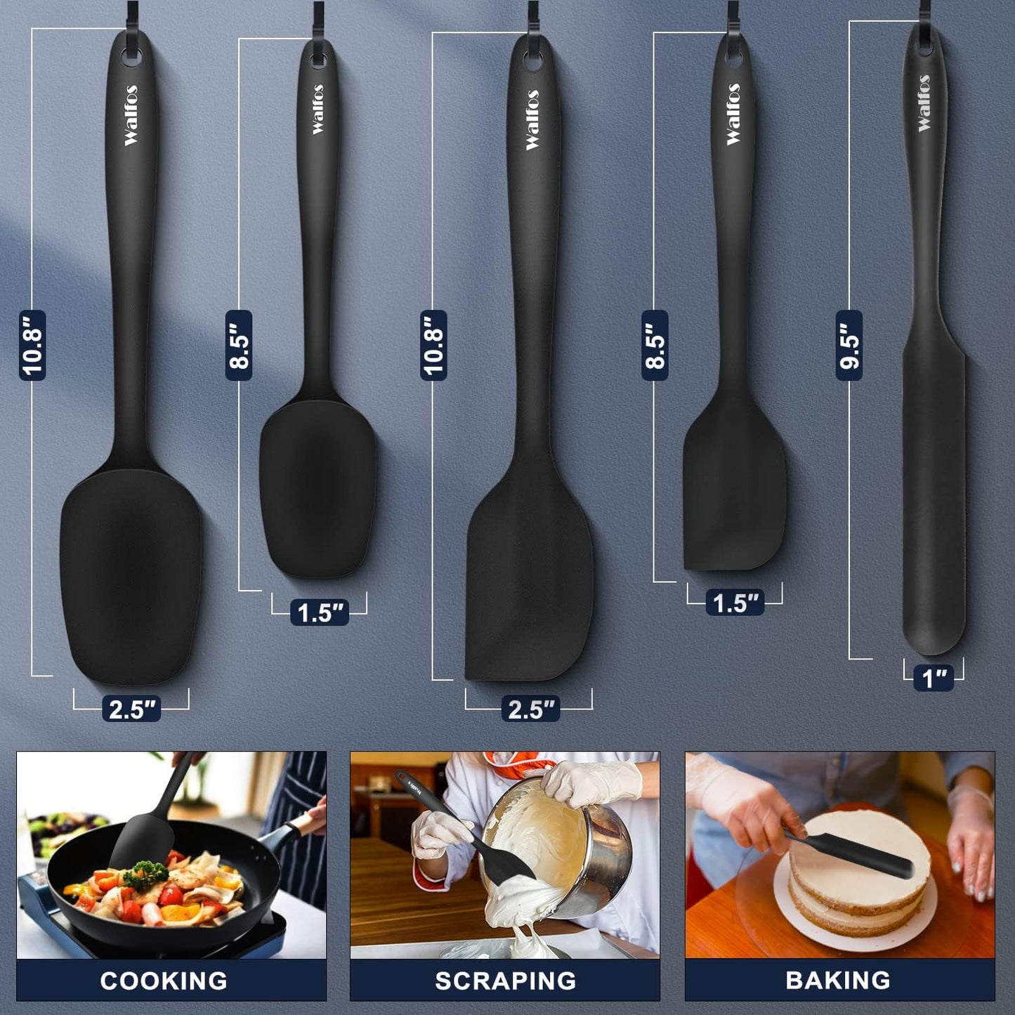 Walfos 600°F High Heat Resistant Silicone Spatula Set of 5- Food Grade Rubber Spatula Set for Baking Cooking &amp; Mixing - BPA Free, Non Stick and Dishwasher Safe,black