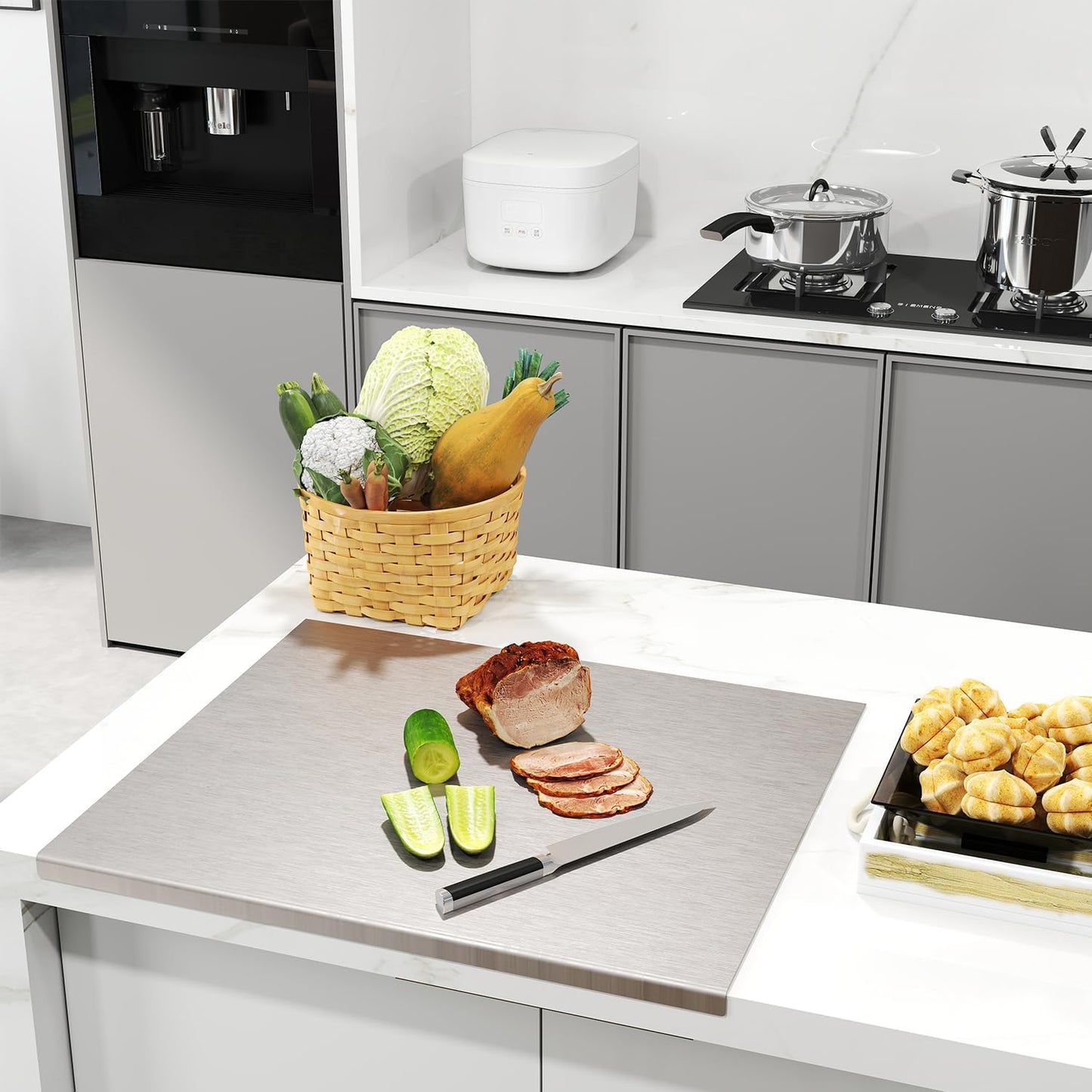 Stainless Cutting Boards for Kitchen, Chopping Board with Lip &amp; Rolling Pin | 304 Extra Large Stove Top Pastry Board Kneading Board Baking Board for Meat Vegetables Fruits Cheese Bread, 31.5x 22.8 Inch