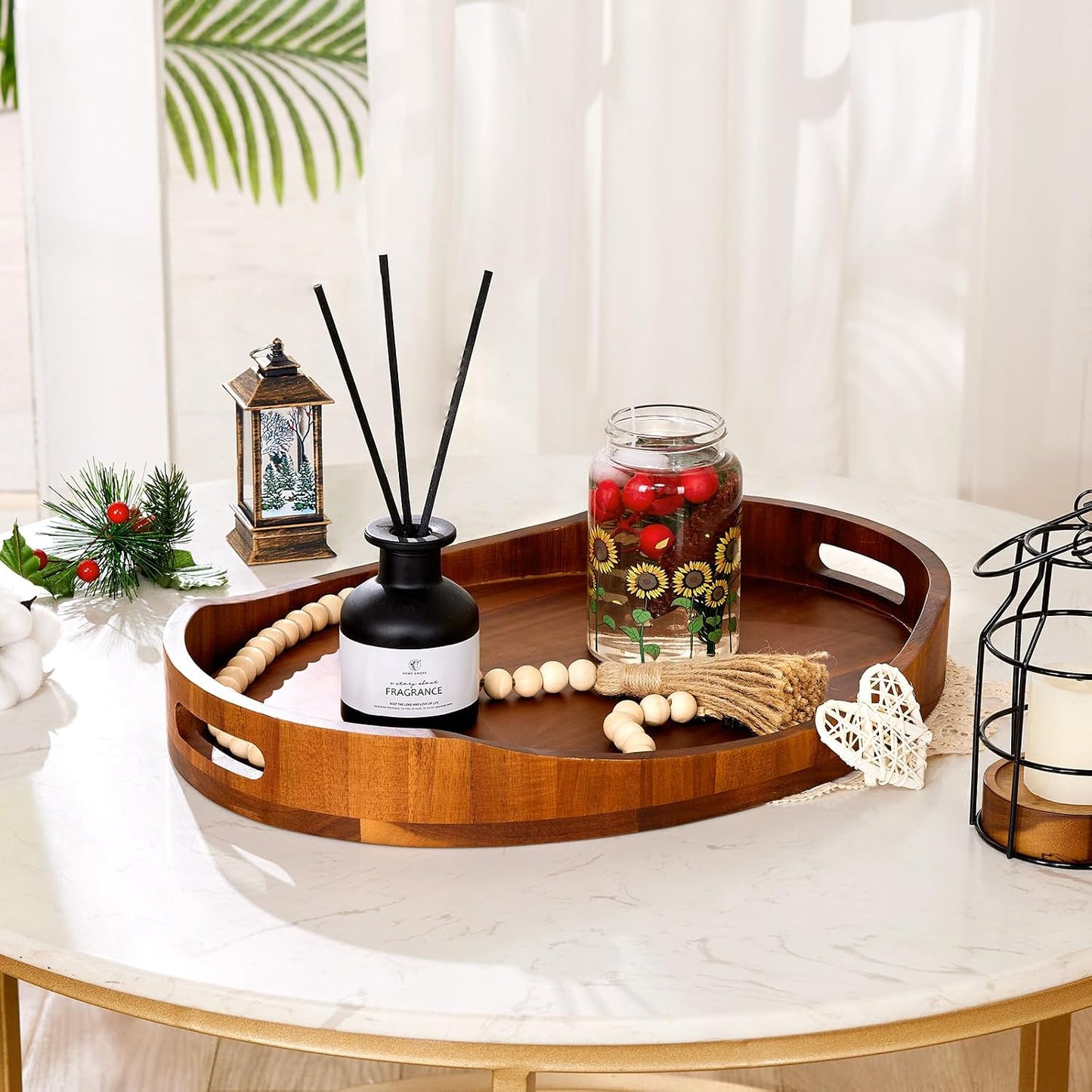 HouseJoy Wood Serving Tray with Handle: Decorative Ottoman Tray w/High Edge | 16.5x13in size-Acacia Wood-12mm Thick-Easy to Grip-Waterproof-Tray for Food in Bed/Coffee Table/Bathroom-Dessert Display