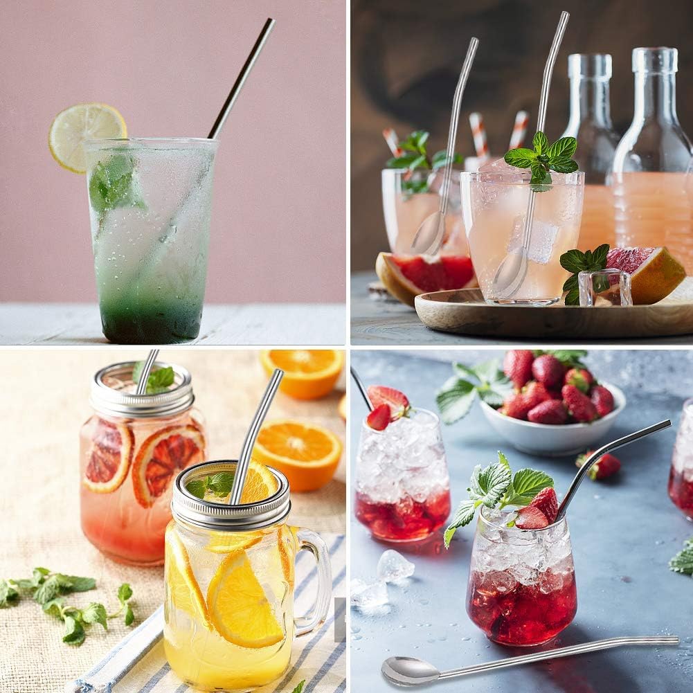 8pcs 2 in 1 Stainless Steel Straws Spoons with 2pcs Cleaning Brushes | Reusable Metall Straws Spoon Snow Cone Straws Drinking Stainless Steel Ice Tea Long Spoons Straws for Cocktail Milkshake