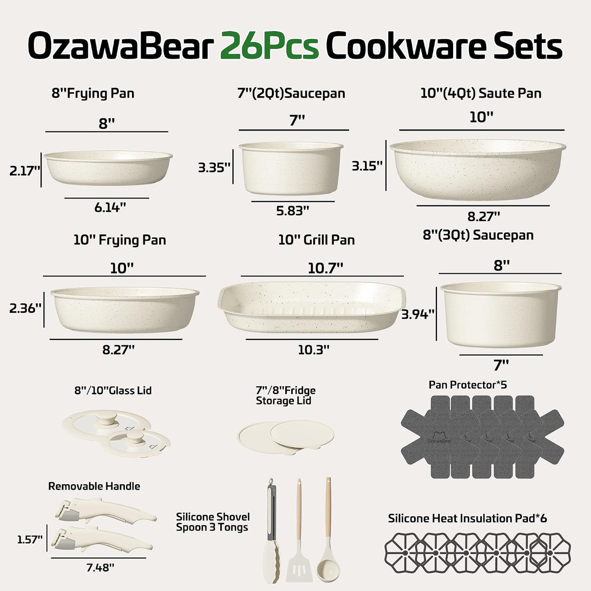 26 Pcs Pots and Pans Set Non Stick, Ceramic Cookware Set Non Toxic with Detachable Handles, Healthy Induction Cookware Dishwasher Oven Safe RV Kitchen Set, PFAS PFOA & PTFE Free, Cream White