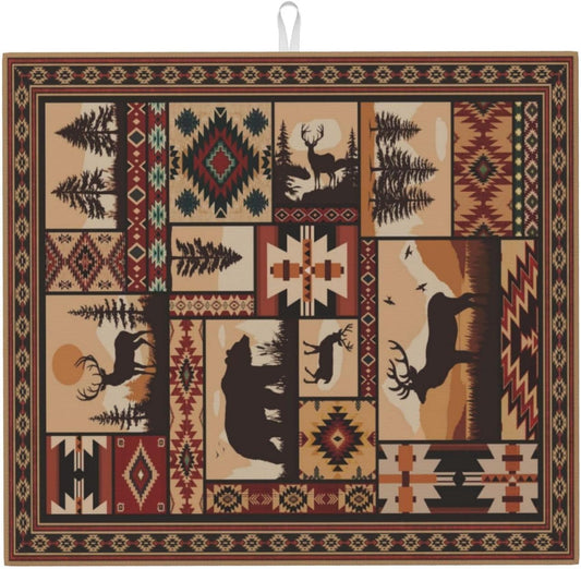 Western Wildlife Geometric Dish Drying Mat for Kitchen Counter, 16" x 18" Absorbent Microfiber Foldable Drying Pad for