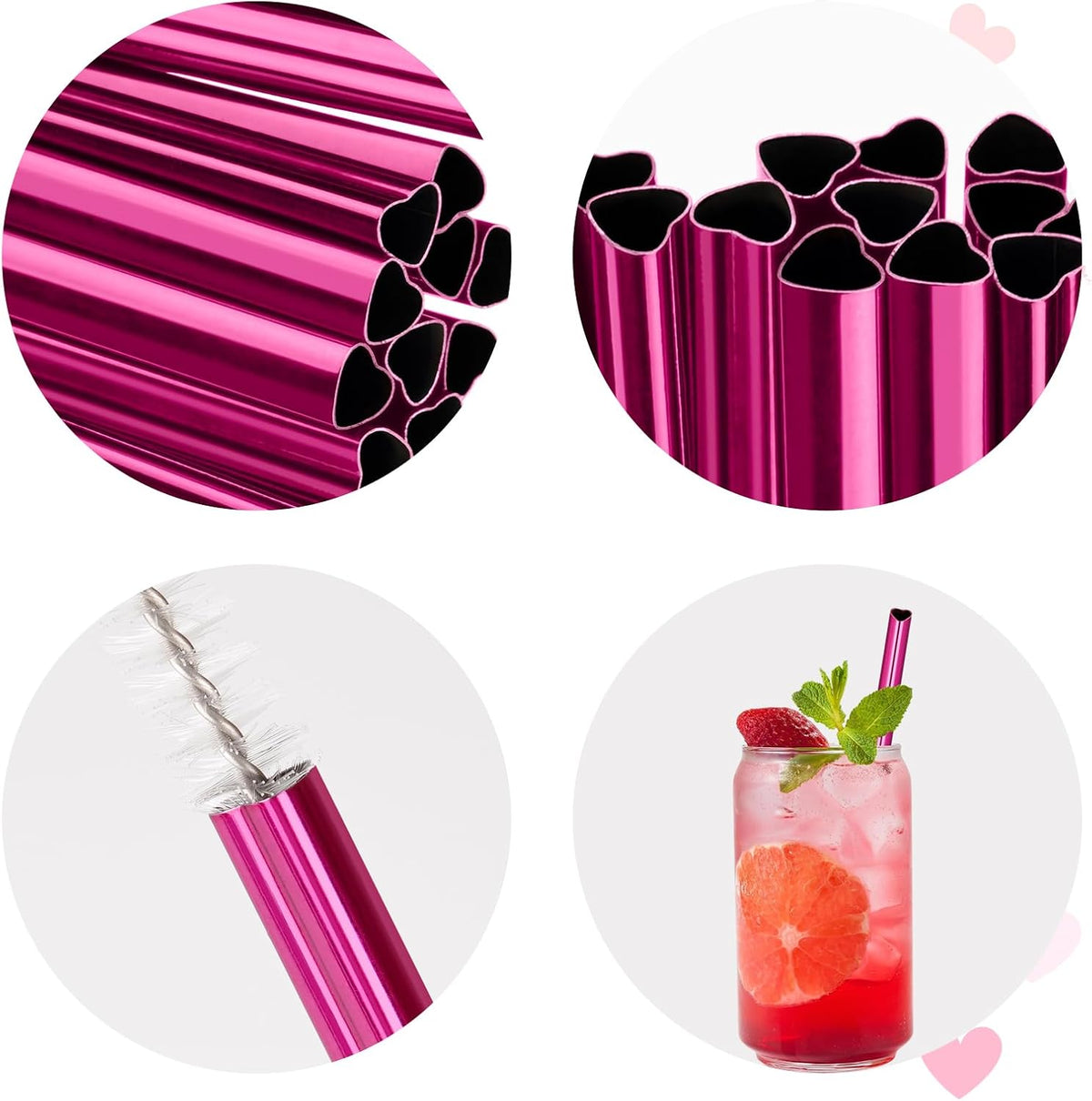 NiHome 8.5” Heart-Shaped Stainless Steel Straws Fit for Smoothie, Cocktails | 16-Pack Metal Straws with 2 Brushes for Holiday, Valentine’s Day, Reusable Drinking for Smoothie Milkshake (Pearl Hot Pink)