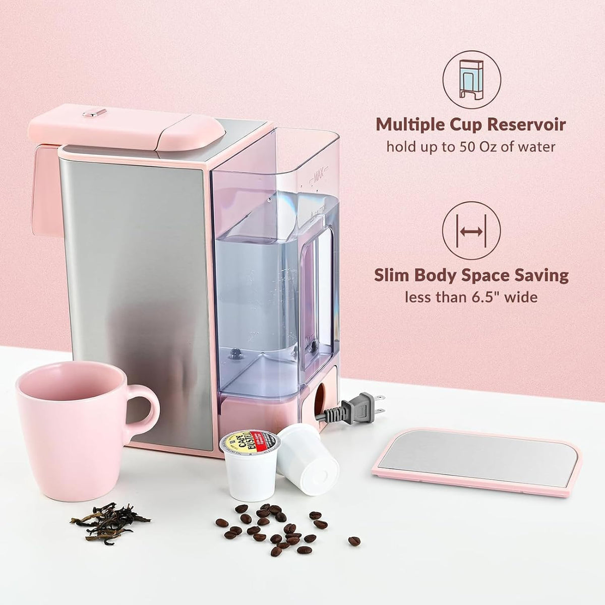 Mecity Pink Coffee Maker 3-in-1 Single Serve Coffee Machine, For Flat Bottom Coffee Capsule, Ground Coffee, 6 to 10 Ounce Cup, Removable 50 Oz Water Reservoir, 120V 1150W