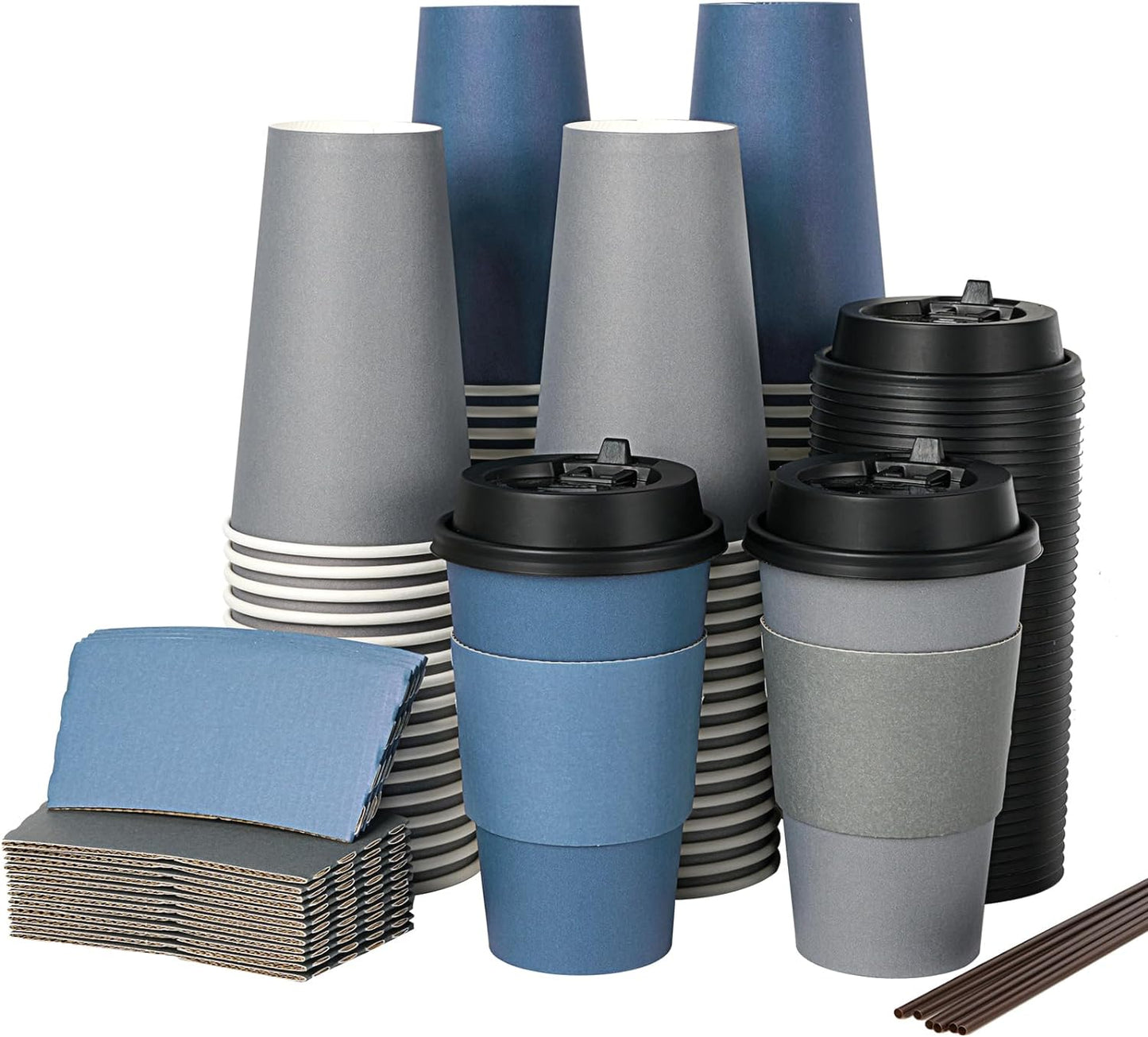 LITOPAK 100 Pack 16 oz Disposable Paper Coffee Cups with Lids, Sleeves and Stirring Sticks for Hot C