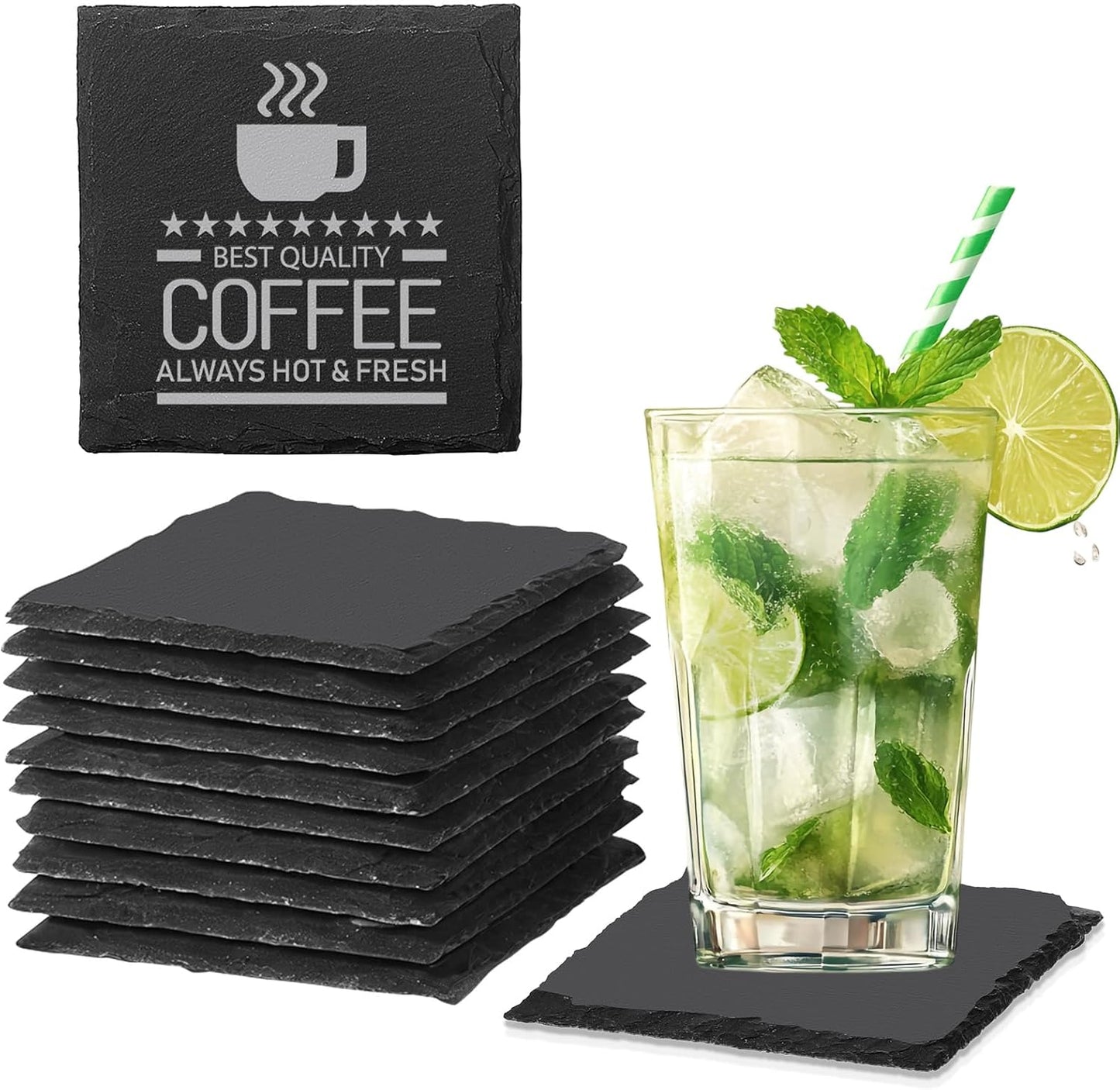 12 PCS Slate Coasters Black Square 4 Inch Bulk Rock, Blank Laser Engraving, Scratch Resistant Bottom