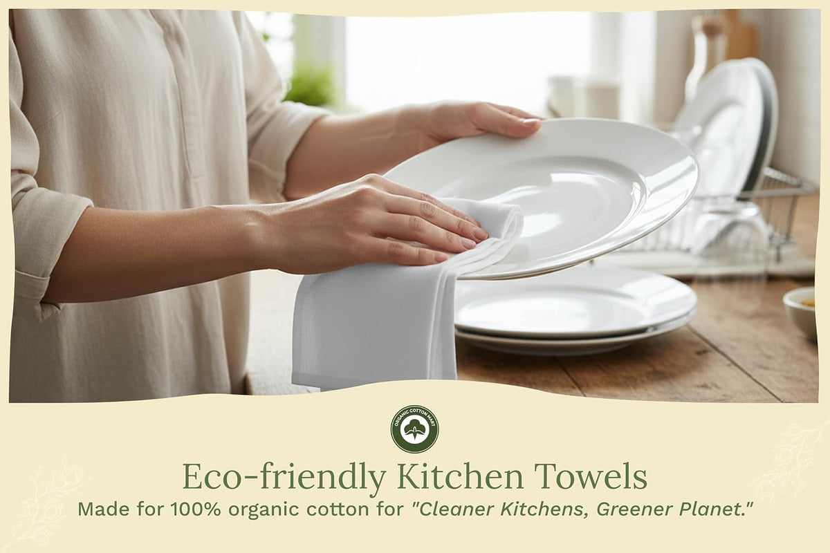 Organic Cotton White Dish Towels - 10 Pack Quick Drying White Kitchen Towels - Lint-Free Organic Cotton Dish Cloths - Extra Large Highly Absorbent Blank Tea Towels - 27"x27"
