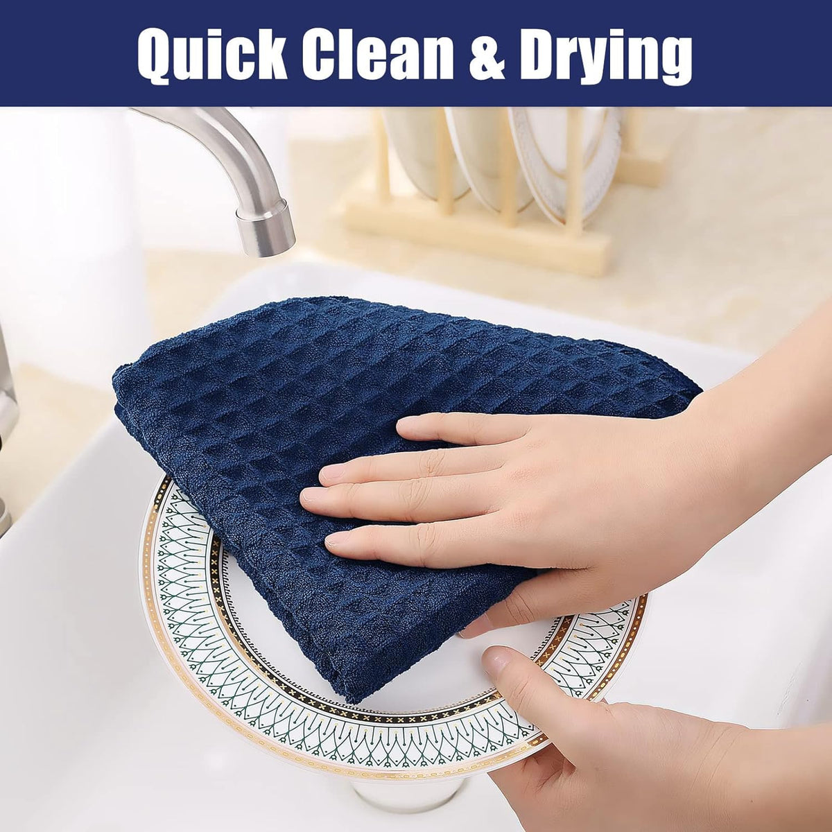 Homaxy Microfiber Waffle Weave Kitchen Towels, 16 x 28 Inch Ultra Absorbent and Solid Color Dish Towels, 4 Pack, Navy Blue