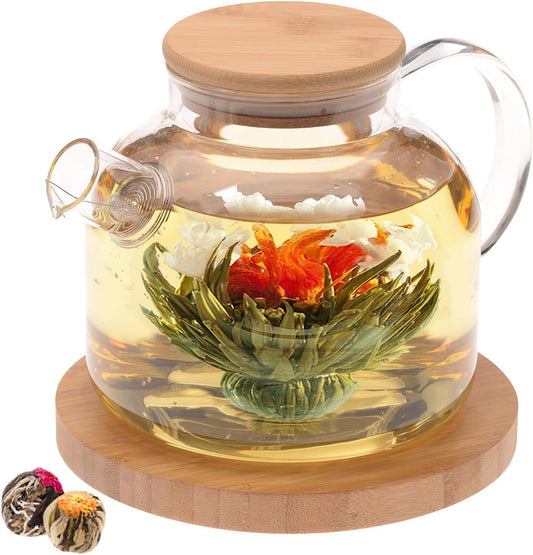 Teabloom Stovetop Safe Glass Teapot with Bamboo Lid (40oz/1200ml) + Loose Leaf Tea Filter Spout + 2 Blooming Teas + Large