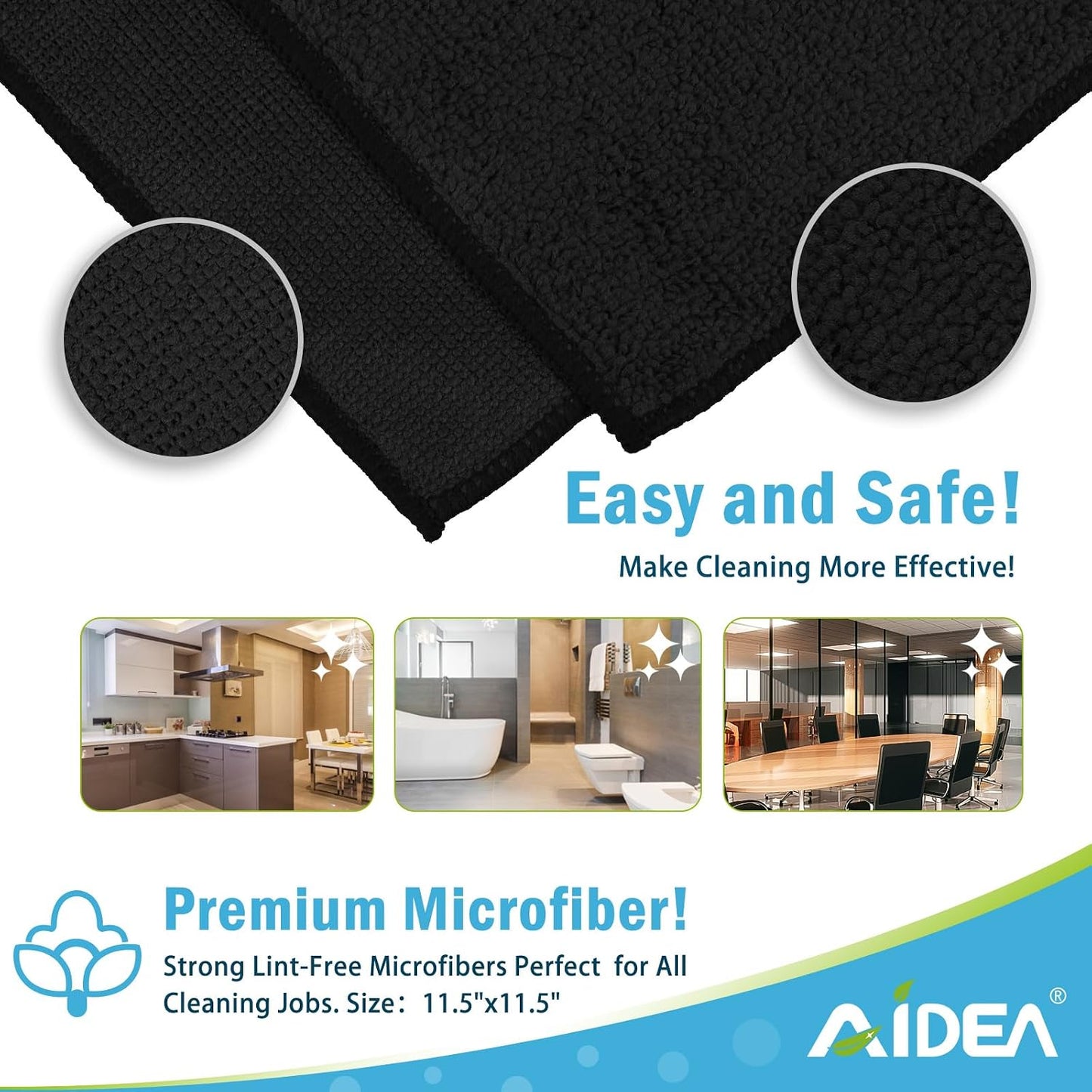 AIDEA Microfiber Cleaning Cloth Black 50PK, Microfiber Towels 11.5×11.5"