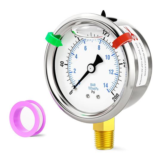 0-200psi Stainless Steel 1/4" NPT 2.5" Dial, Glycerin Liquid Filled Pressure Gauge Lower Mount Designed for Pressure Testing