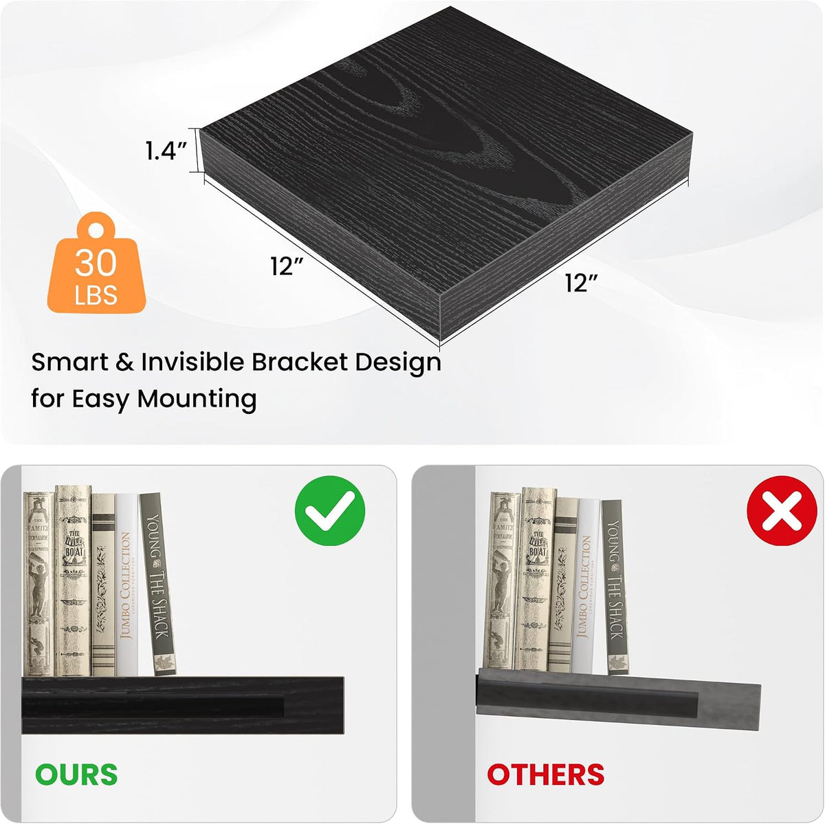 FLYJOE Square Floating Shelves for Wall, 12" W x 12" D x 1.4" H, Small Wooden Wall Mounted Display Shelves with Invisible Brackets for Living Room, Bedroom, Bathroom, Kitchen Decor, Set of 3, Black