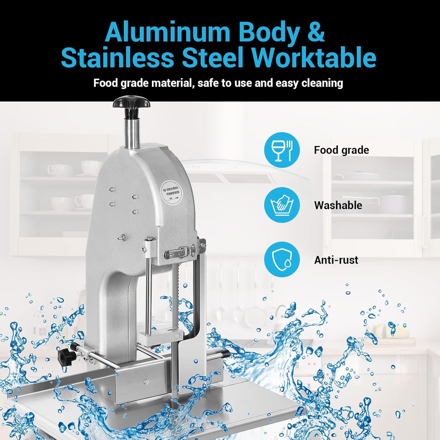 Commercial Electric Meat Bone Saw Machine, Kitchen Frozen Food Processor, Adjustable Thickness 0.6-5.9”, Butcher Band Saw with 20x15” Work Table for Chicken Fish Beef Bread