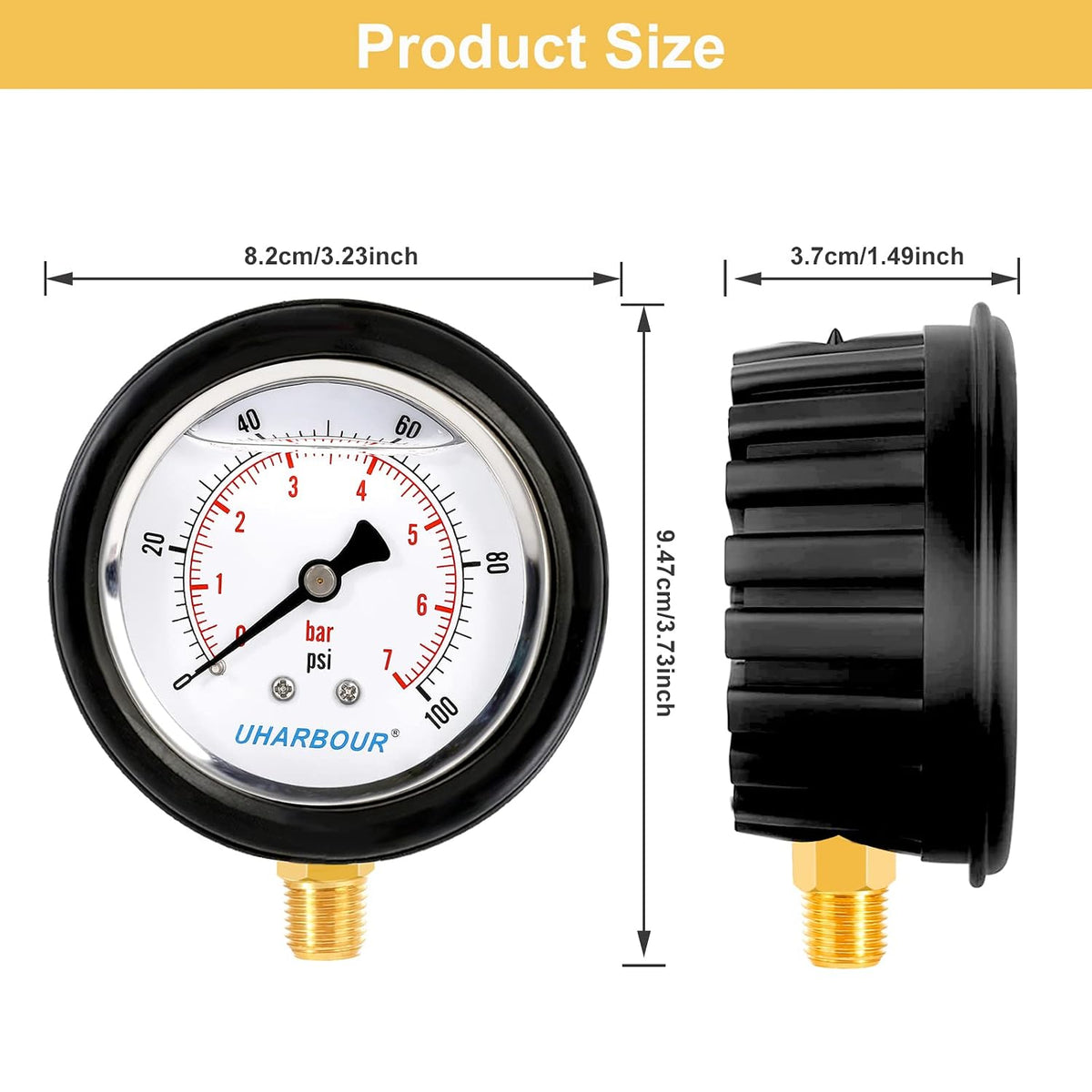 UHARBOUR Water Pressure Gauge 0-100PSI, 2-1/2" Liquid Filled Dial