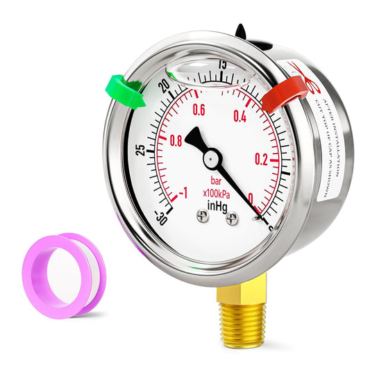 -30inHG-0psi Stainless Steel Glycerin Liquid Filled Vacuum Pressure Gauge 1/4" NPT 2.5" Face Dial Center Lower Mount, for