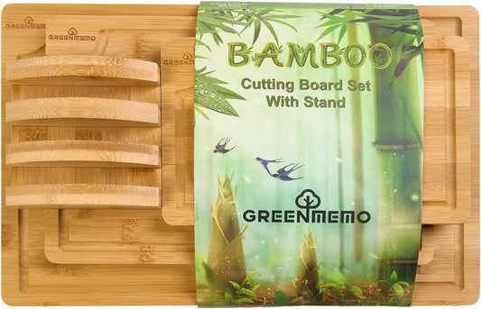 Bamboo Cutting Boards for Kitchen, Wood Cutting Board with Holder, Bamboo Cutting Board Set Reversible with Juice Grooves