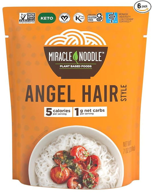 Miracle Noodle Ready to Eat Angel Hair Pasta, 7 Oz (Pack of 6), Plant Based Shirataki Konjac Noodles, 5 Calories, 1g Net