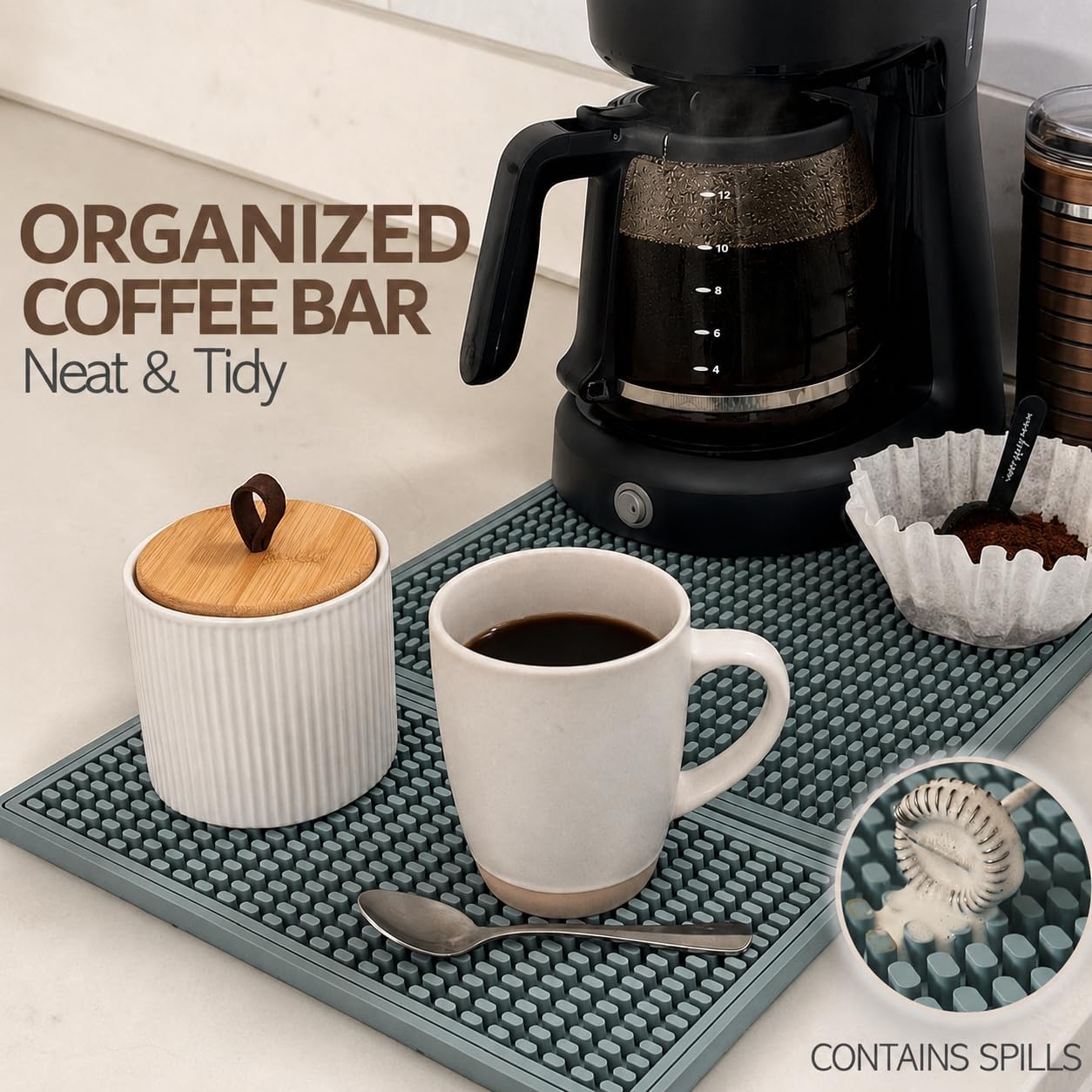 Rubber Bar Mat – Non-Slip Spill &amp; Drip Mat for Bartending, Coffee Bar &amp; Kitchen Countertop, Thick Durable Counter Protector &amp; Stylish Drying Mat (Sage Gray, 18"x12")
