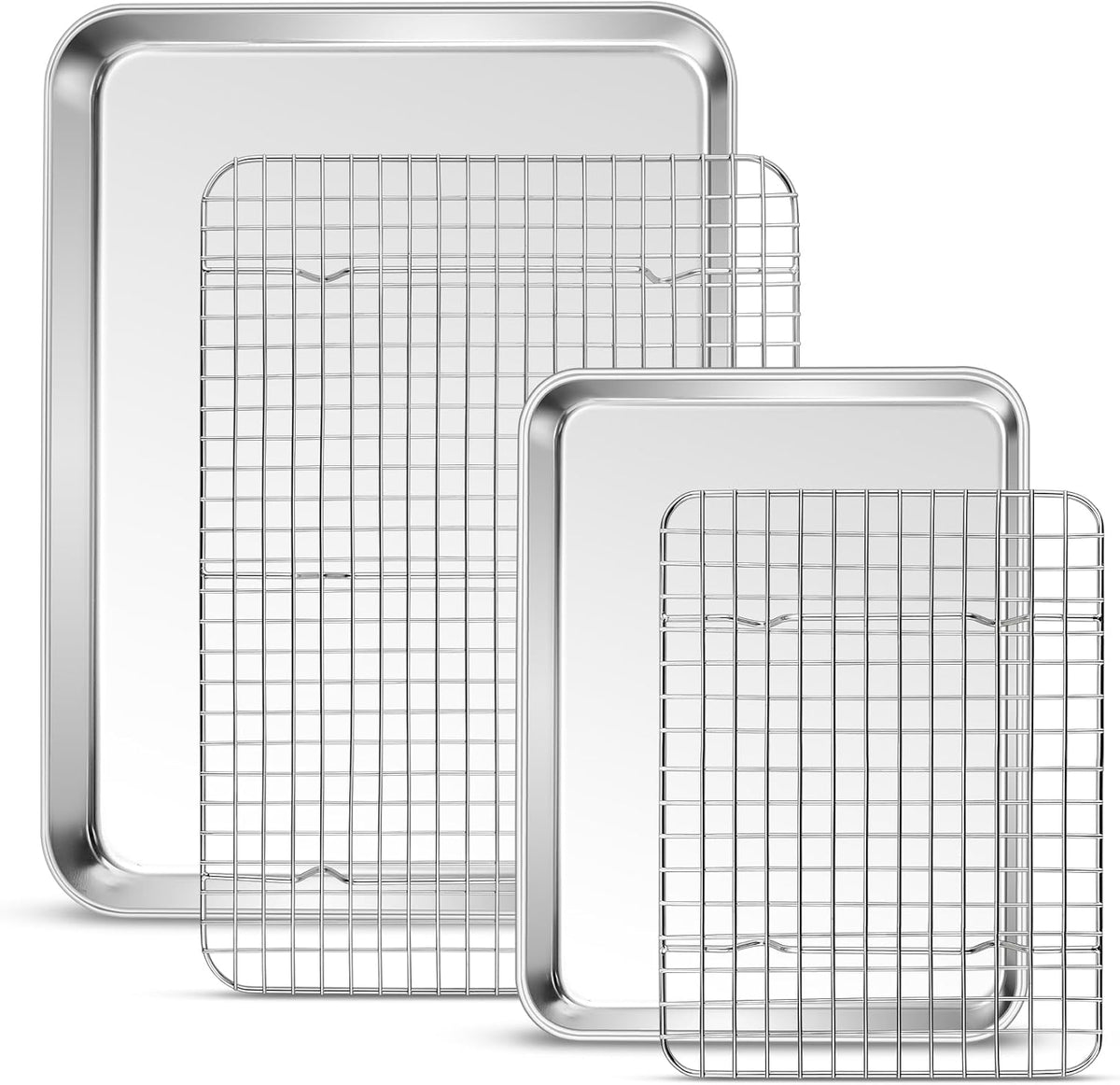 P&amp;P CHEF 16 + 10.4 Inch Baking Sheet Pan and Cooking Rack - 4 Pieces | 2x Cookie Sheet + 2x Grid Rack, Stainless Steel Oven Tray with Wire Rack for Oven Baking, Healthy &amp; Sturdy &amp; Easy to Clean