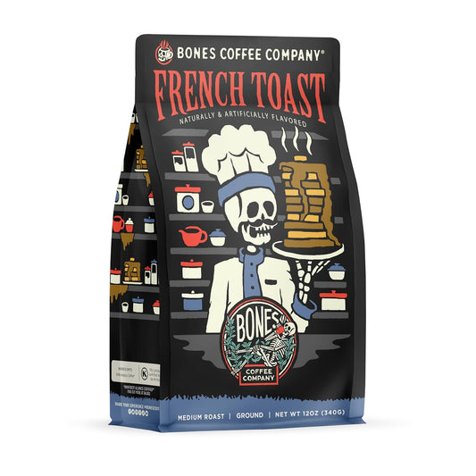 Bones Coffee Company French Toast, Sweet and Buttery Flavored Coffee, Medium Roast Low Acid Arabica Beans Compatible with