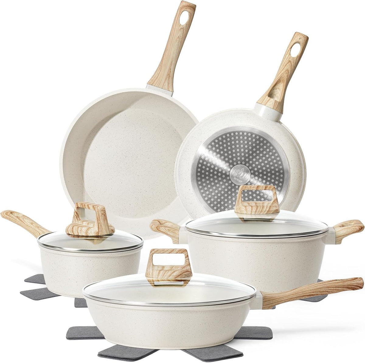 17 Pcs Pots and Pans Set Non stick，Cookware Sets White Granite Induction Cookware, Non-toxic Healthy Non Stick Kitchen Cooking Set with Frying Pans Set, Saucepans (PFAS, PFOA, PFOS Free) White