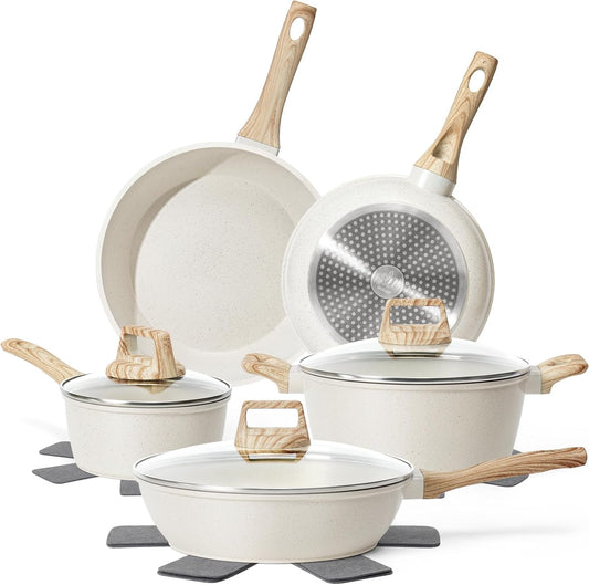 17 Pcs Pots and Pans Set Non stick，Cookware Sets White Granite Induction Cookware, Non-toxic Healthy Non Stick Kitchen Cooking Set with Frying Pans Set, Saucepans (PFAS, PFOA, PFOS Free) White