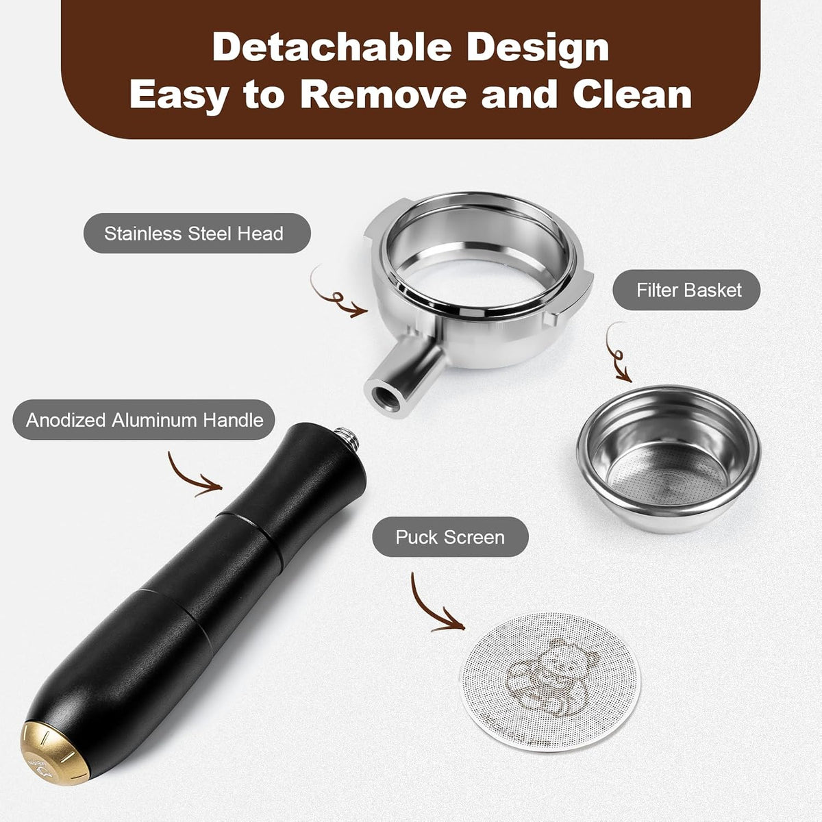MEION 58mm Bottomless Portafilter with Anodized Aluminum Handle for E61, Rocket, Sanremo, Slayer, Flair 58, ECM, Espresso Portafilter with Stainless Steel 18g Filter Basket and Puck Screen