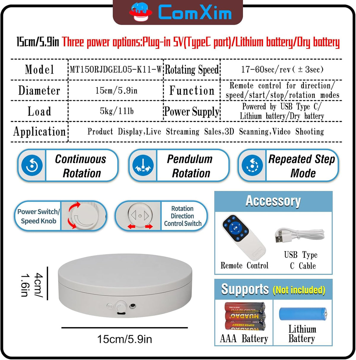 Motorized Rotating Display Stand Rotating Lazy Susan Electric Turntable for Display,Photography Turntable for 3D Scanner, Remote Control Angle/Speed,Step/Swing/Continuous Rotation