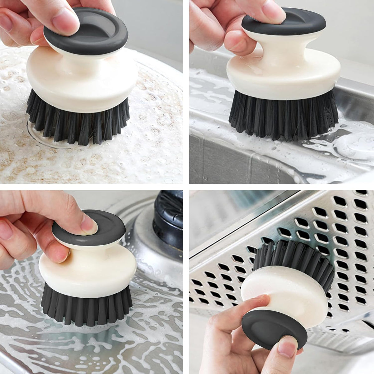 Dish Scrub Brush,Ergonomic Grip Palm Brush,Kitchen Scrub Brushes for Cleaning, Dish Scrubber with Stiff Bristles for Sink, Pots, Pans (Grey+Black)
