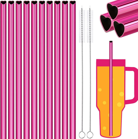 NiHome 10-Pack Heart-Shaped Stainless Steel Drinking Straws with 2 Cleaning Brushes, 12" Long Reusable Straws for Stanley