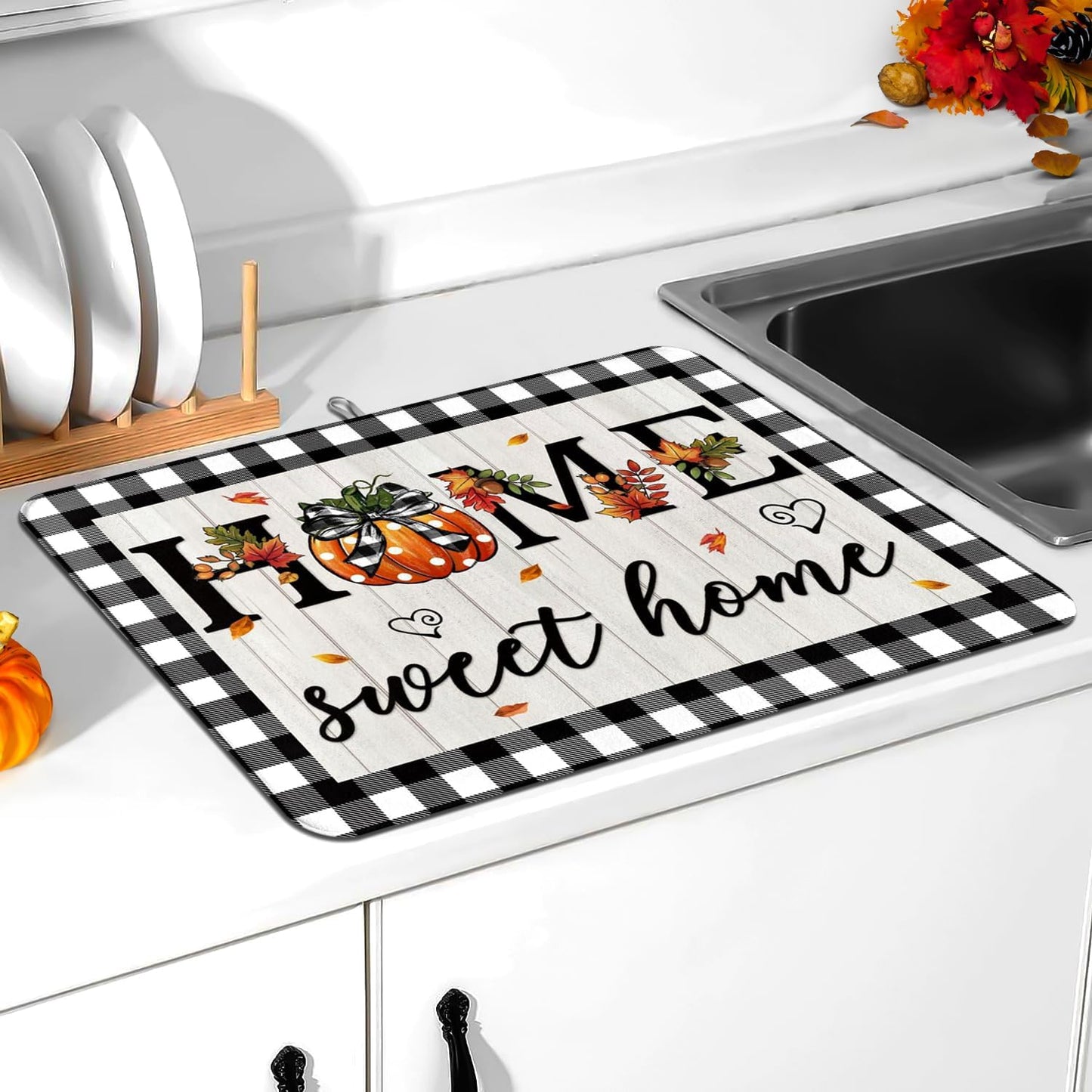 Autumn Fall Drying Mat Kitchen Countertop Pumpkin Black And White Check sweet Home 18 X 24 Inch Kitchen Coffee Bar