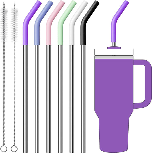 Stainless Steel Straws for 40oz Stanley Cup Tumbler, 40 oz Metal Reusable Replacement Straight Straws for Simple Modern/Meoky/Owala Tumbler,6 Silicone Tips