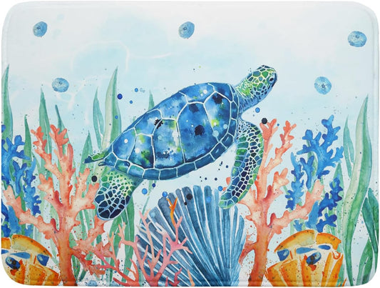 Giwawa Sea Turtle Dish Drying Mat 18x24in Watercolor Blue Tortoise Dish Drainer Mats Nautical Ocean Coral Seashell Seaweed
