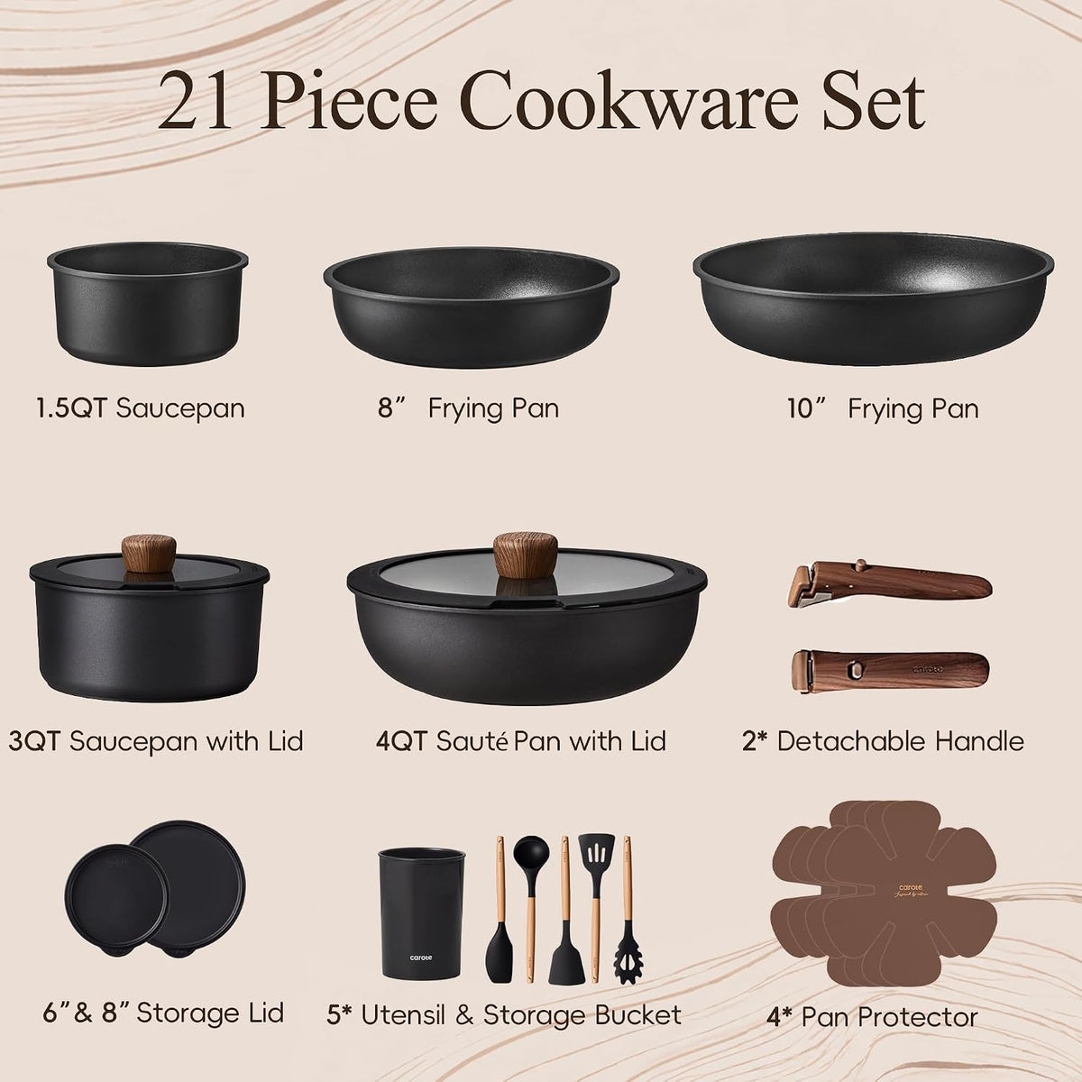 CAROTE 17pcs Pots and Pans Non Stick, Cookware Sets Detachable Handle, Induction Kitchen Pots and Pans,NonStick Cooking Set, Oven/Dishwasher/Fridge Safe, Space Saving