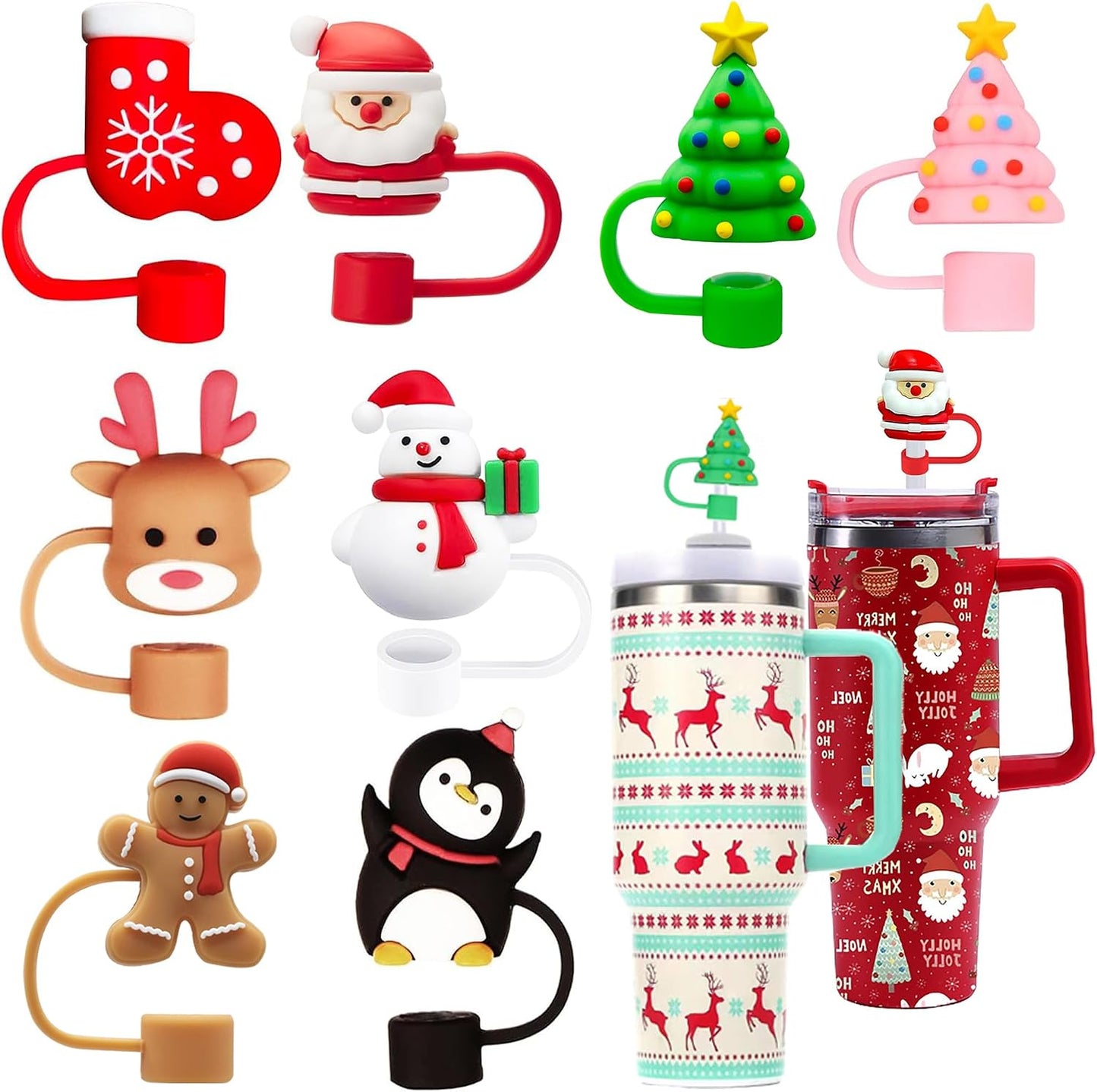 8PCS Christmas Straw Toppers for Stanley Cup Holiday Straw Cover for Stanley 30oz &amp; 40oz Tumbler with Handle,10 mm Silicone Straws Topper Cap for Party Favor