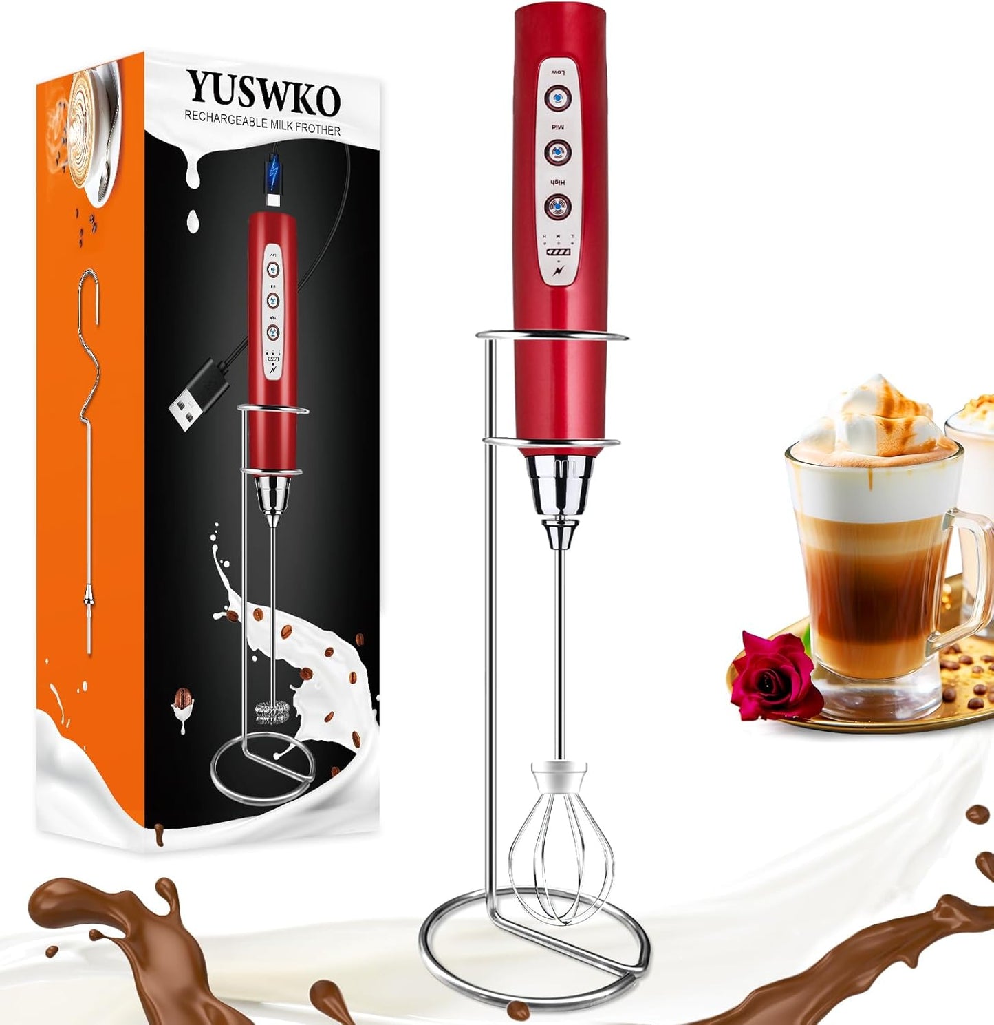 YUSWKO Red Rechargeable Milk Frother for Coffee with Stand, Handheld Drink Mixer with 3 Heads 3 Spee