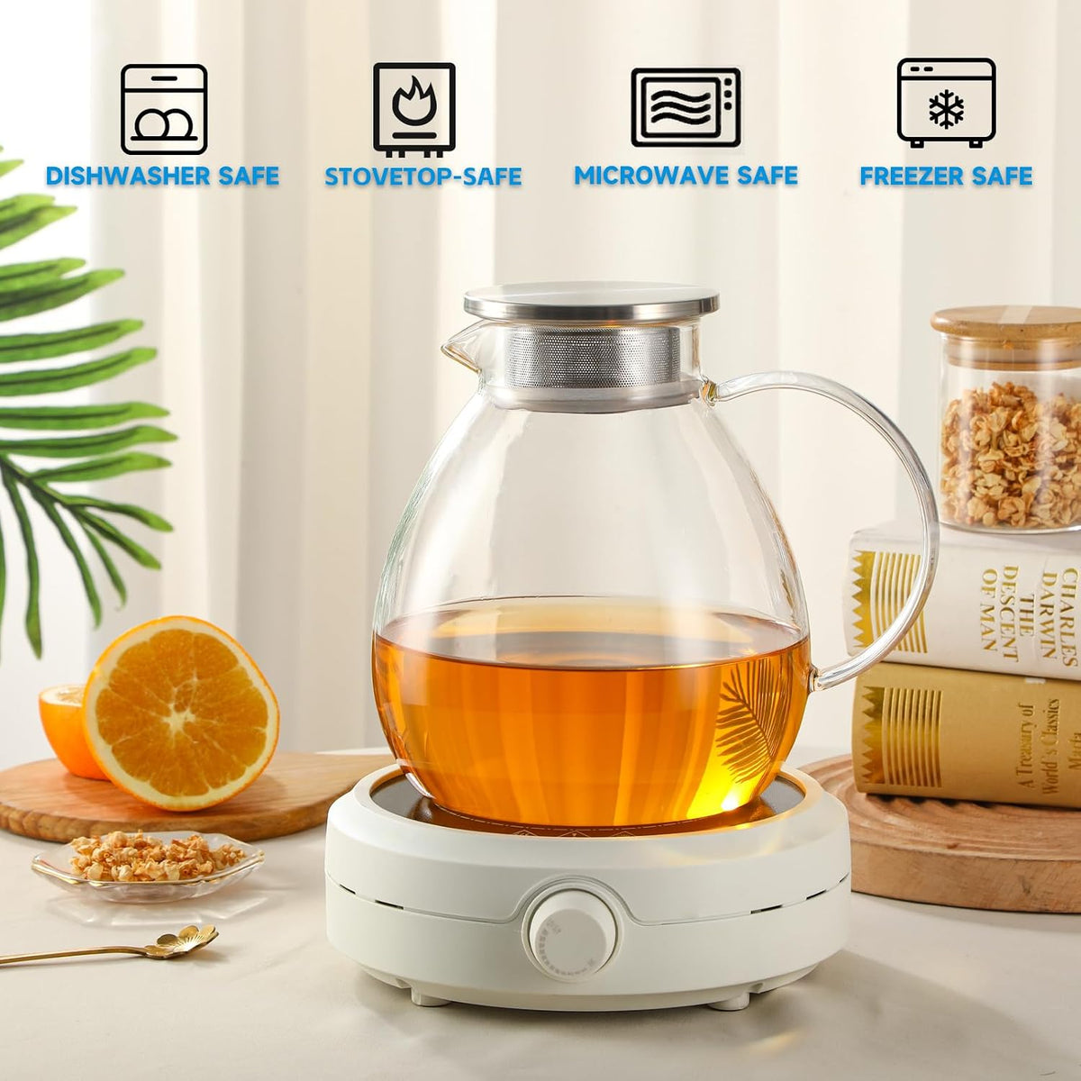 68OZ/2000ML One Touch Glass Teapot with Stainless Steel Filter Lid, Stovetop &amp; Microwave Safe Tea Maker Water Kettle, Strainer &amp; Cover 2 in 1 Loose Leaf Tea Steeper Pot Coffee Carafe
