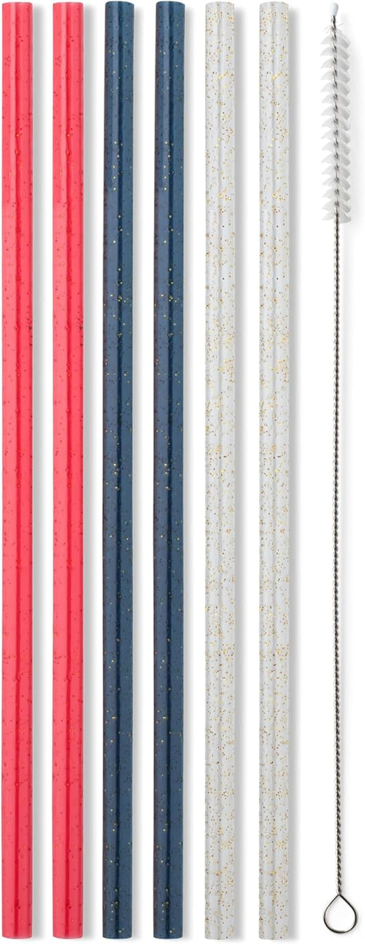Swig Life Reusable Straws Red, White & Blue Glitter Tall Straw Set & Cleaning Brush, Each Straw is 10.25 inch Long (Fits