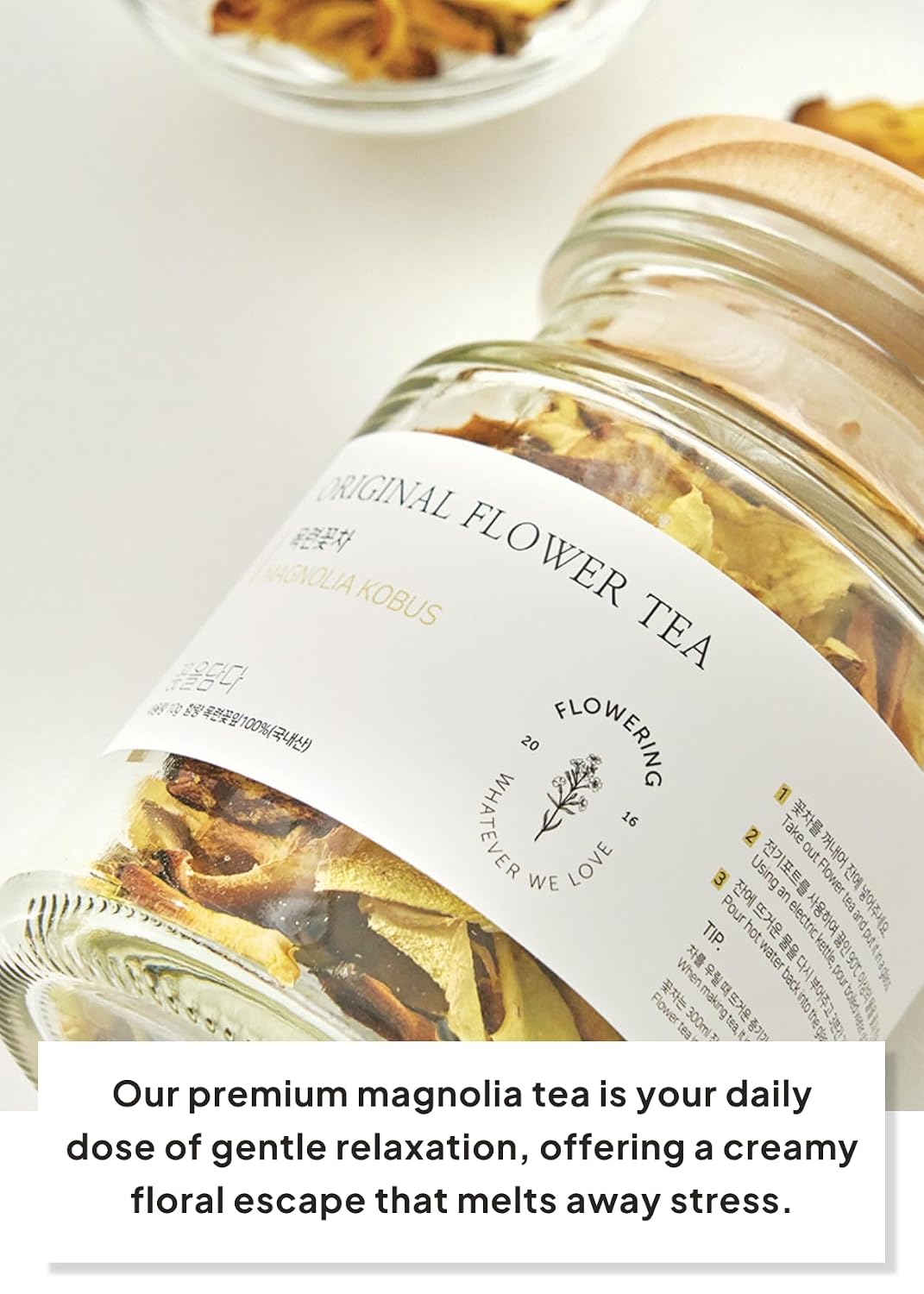 Korean Food KKOKDAM Magnolia Flower Tea, Decaf Floral Blend Sugar Free, 10g | Natural magnolia flower tea with no caffeine, sugar free, zero calories, and made with whole flowers in Korea.
