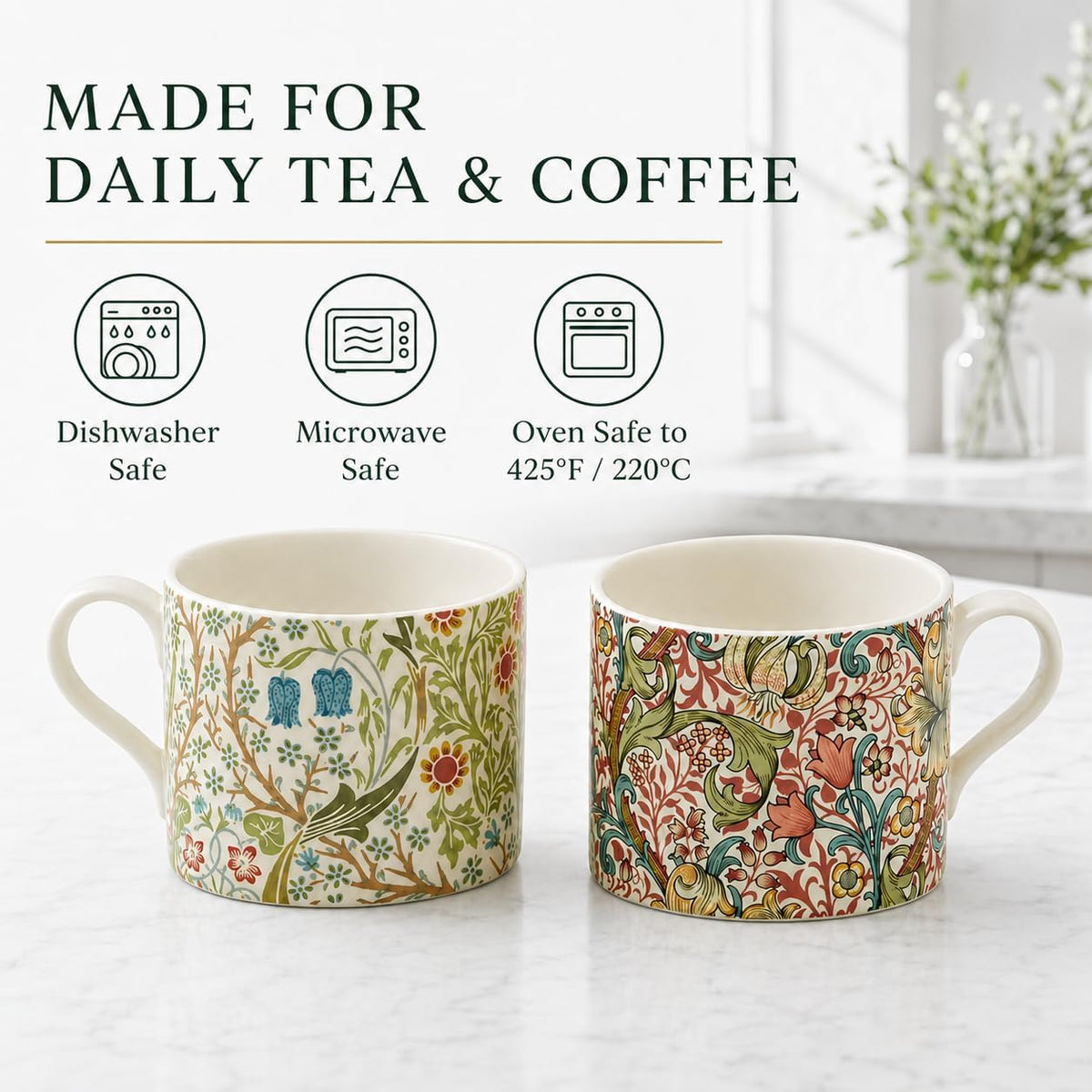 Spode Morris &amp; Co Porcelain Mugs, Set of 2 - 12oz Microwave and Dishwasher Safe Tea &amp; Coffee Cups for Kitchen Countertop or Home Brew Coffee Station, Great Gift for Mothers (Blackthorn &amp; Golden Lily)