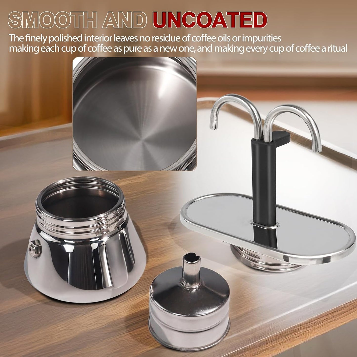 Uncoated 2 Cup Dual Pipe Moka Pot 304 Thickened Stainless Steel | Mini Coffee Maker Stovetop Espresso Coffeemaker Italian Classic Style Brewing Greca Cafe Machine for Cafeteras Travel 150ml