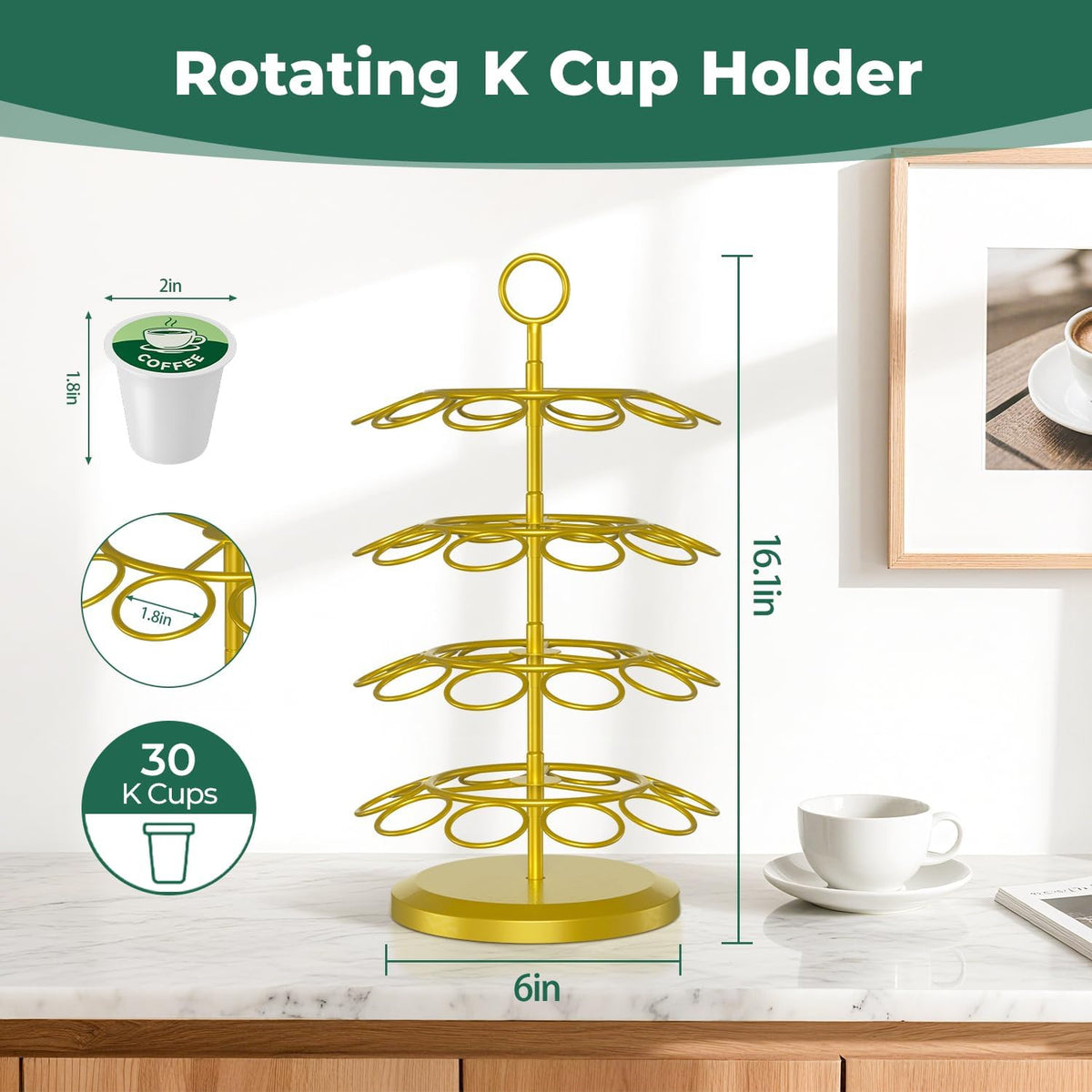 EsLuker.ly K Cup Holder Coffee Pod Organizer Carousel for Counter, Metal Storage Rack Stand for Kitchen, Rotatable 4 Tier Pod Tower Tree for 40 K Cups, Space Saving Meets Elegance, Gold
