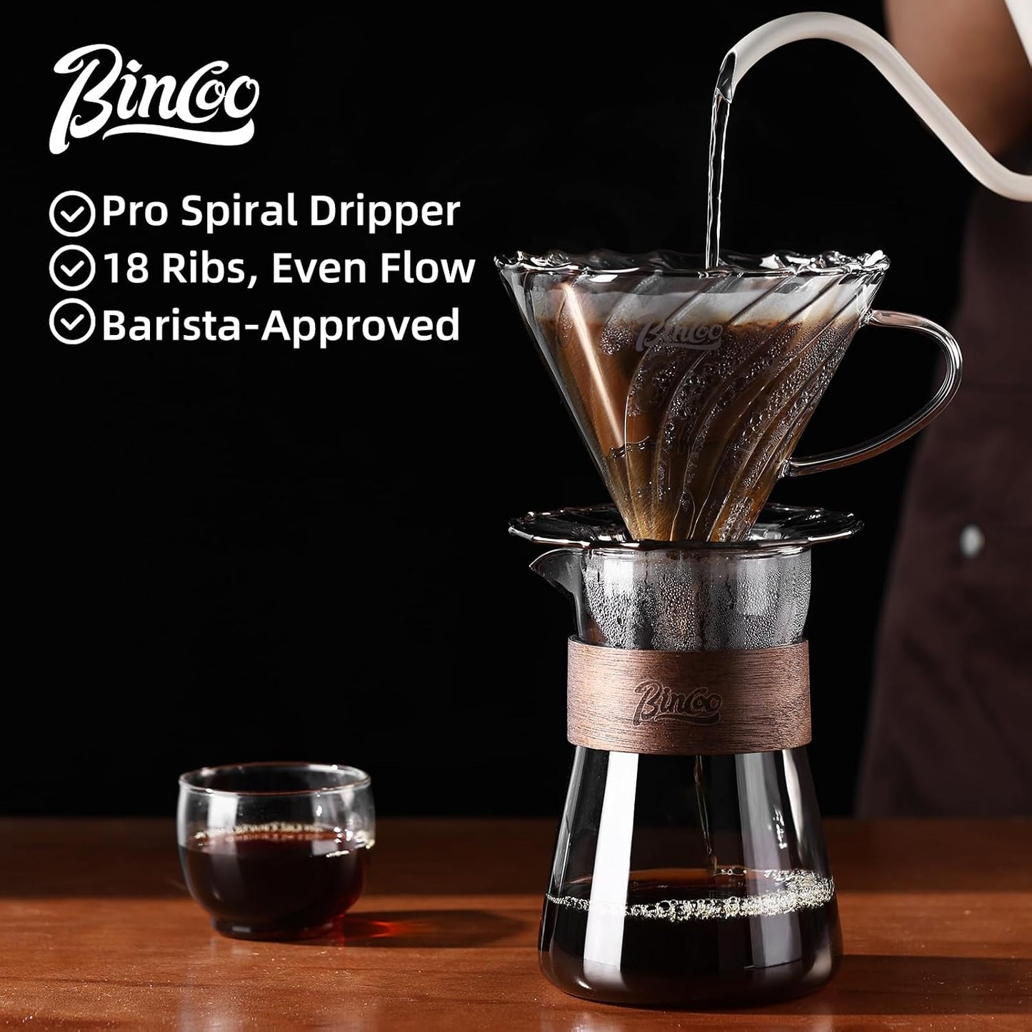 Bincoo Pour Over Coffee Dripper Set, V-shape 60° Cone Drip Coffee Maker, Included Borosilicate Glass Carafer and Coffee Dripper &amp; 50 Pcs Size 02 Paper Filter, 16oz(500ml) (Smoky Gray Set)